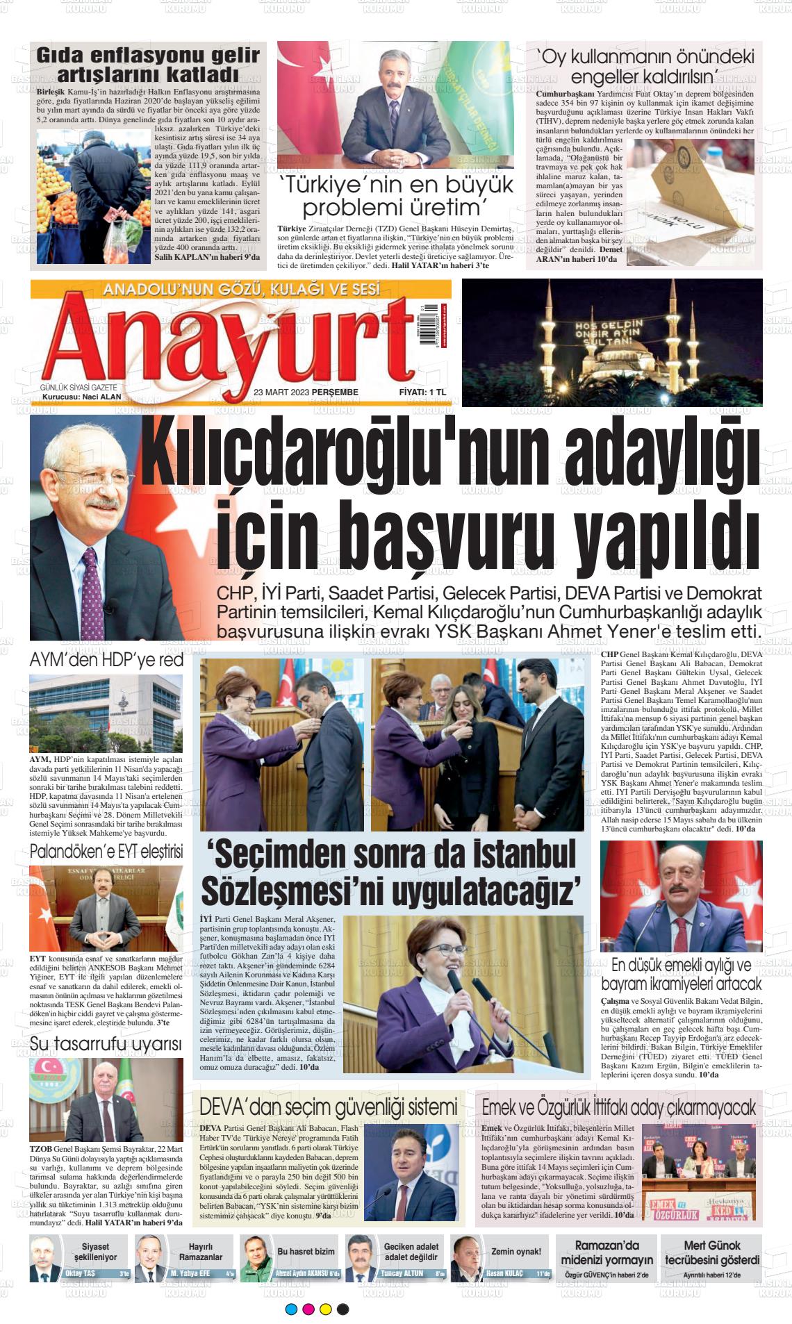 23 Mart 2023 Anayurt Gazete Manşeti