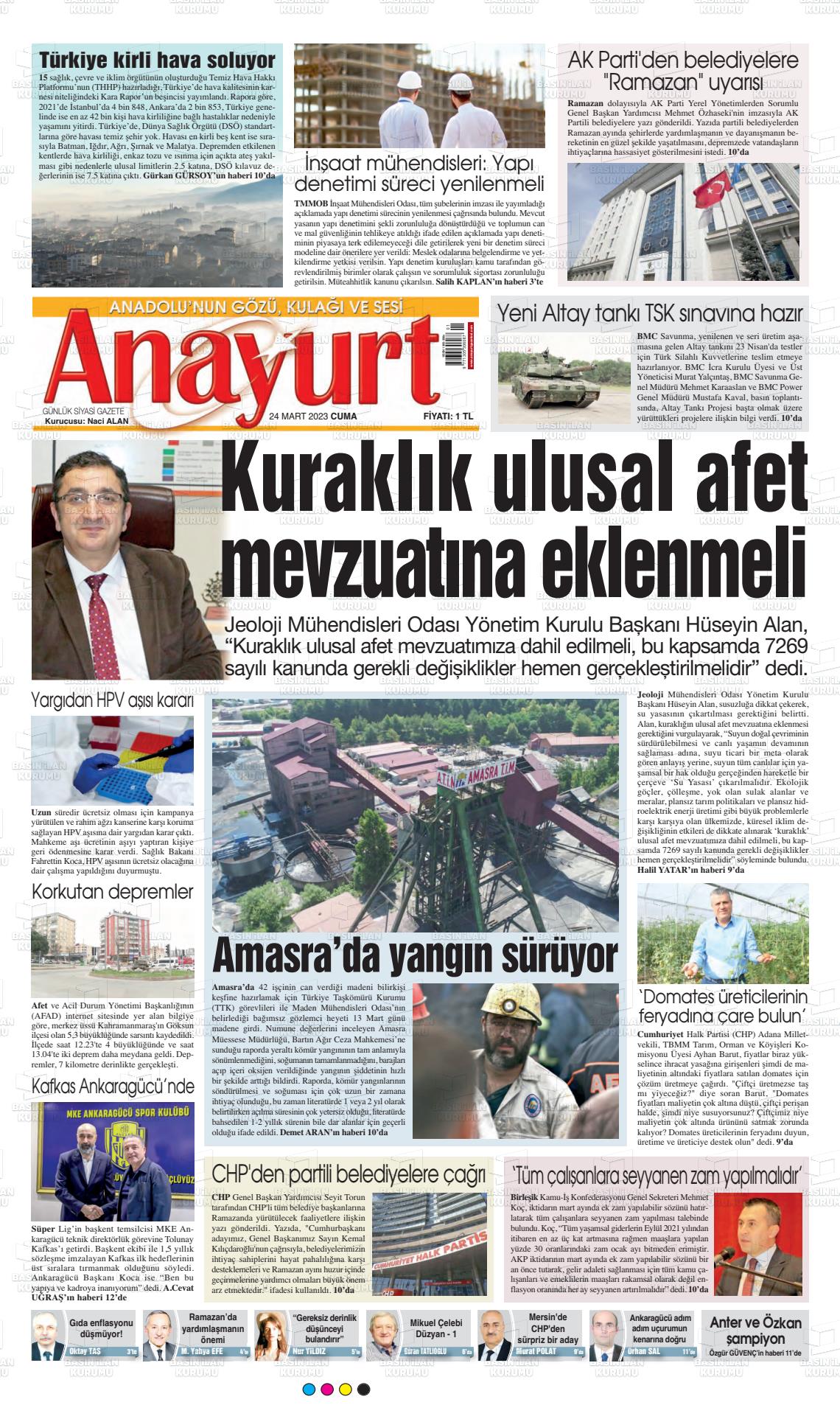 24 Mart 2023 Anayurt Gazete Manşeti