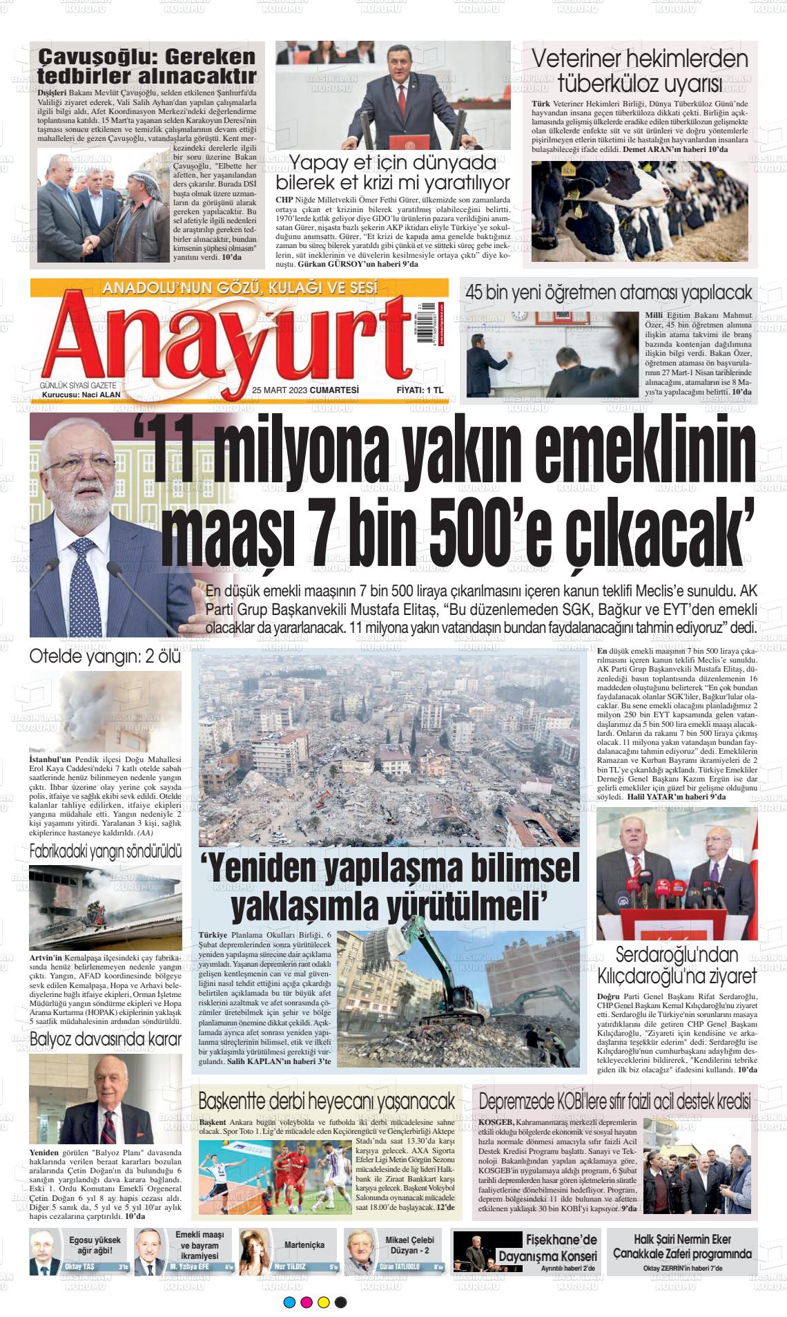 25 Mart 2023 Anayurt Gazete Manşeti