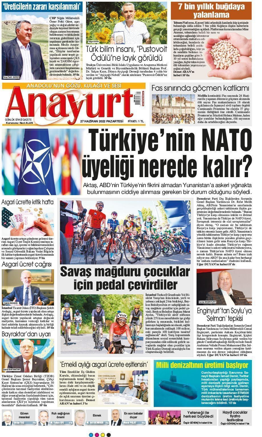 27 Haziran 2022 Anayurt Gazete Manşeti