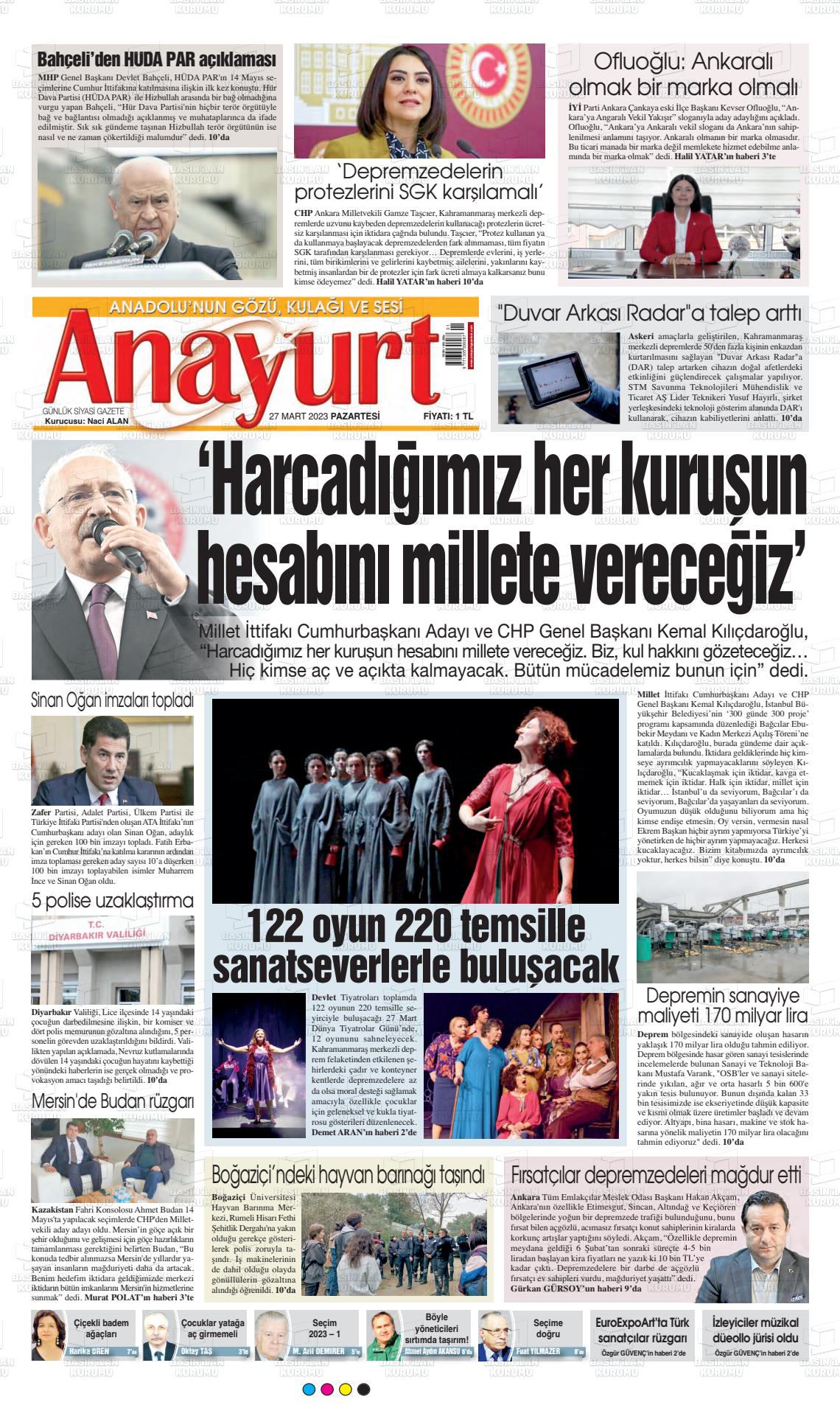 27 Mart 2023 Anayurt Gazete Manşeti