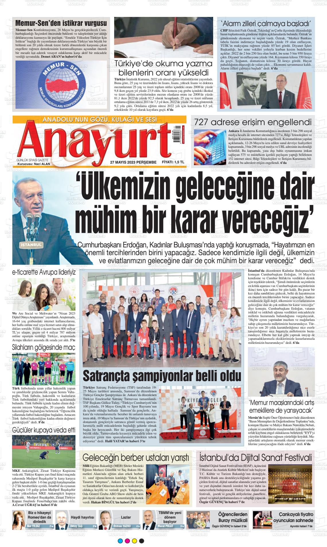 27 Mayıs 2023 Anayurt Gazete Manşeti