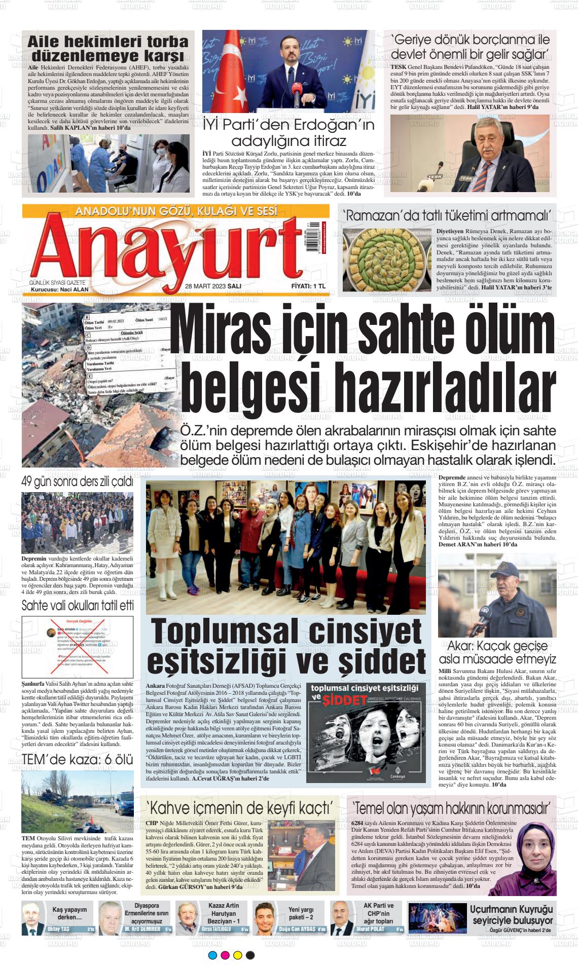 28 Mart 2023 Anayurt Gazete Manşeti