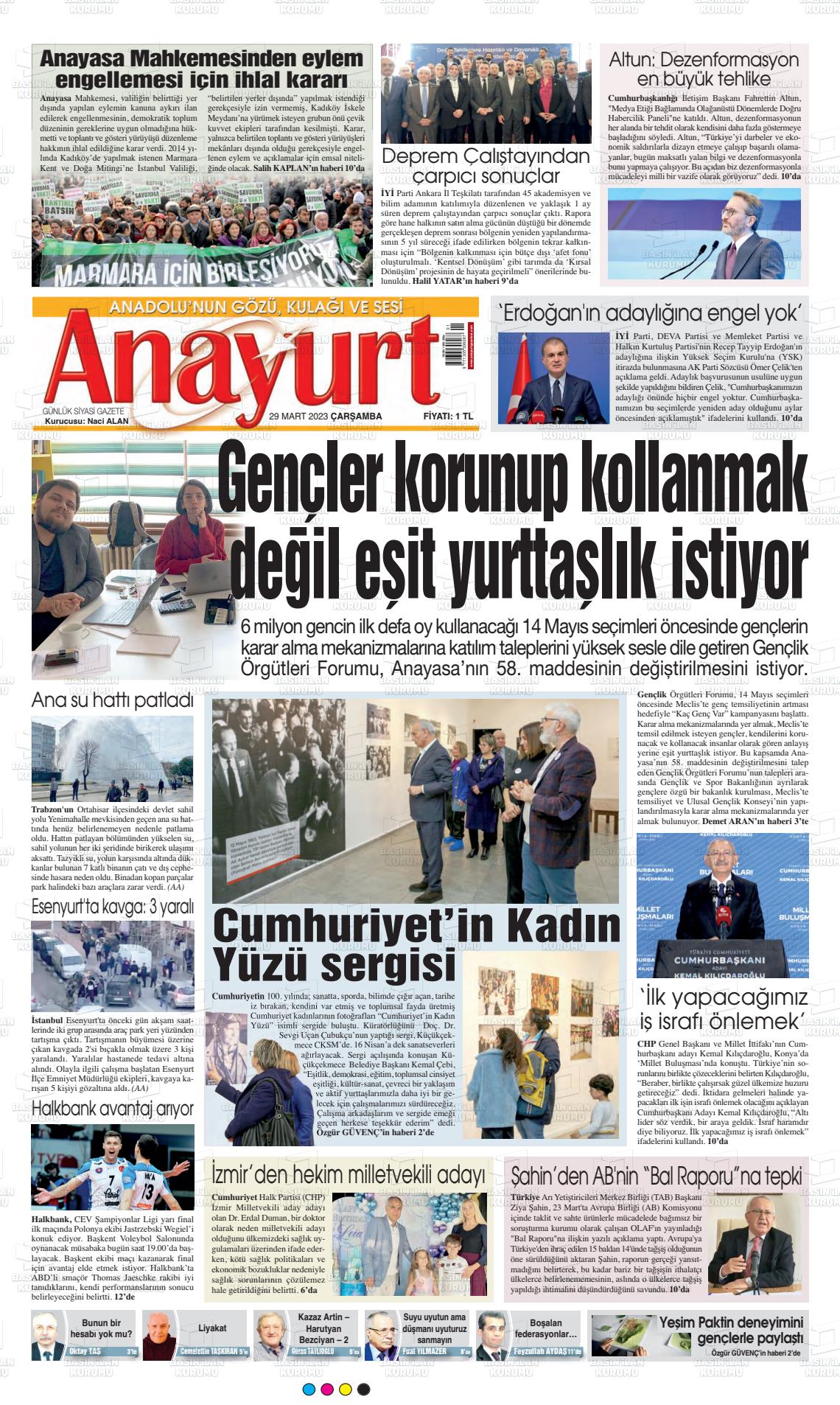 29 Mart 2023 Anayurt Gazete Manşeti