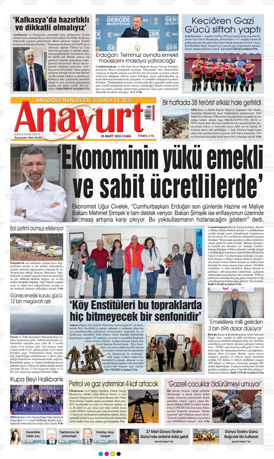 29 Mart 2024 Anayurt Gazete Manşeti