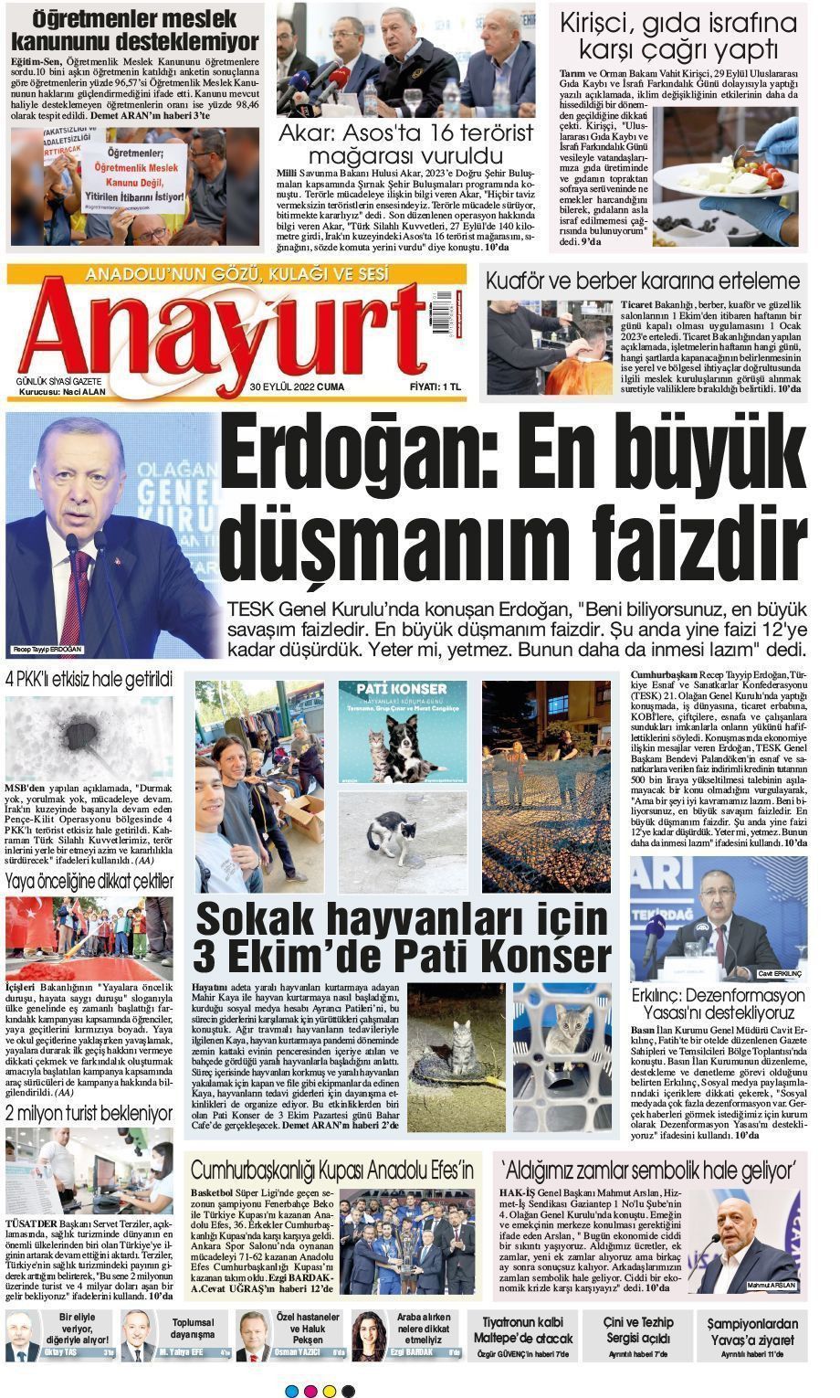 30 Eylül 2022 Anayurt Gazete Manşeti