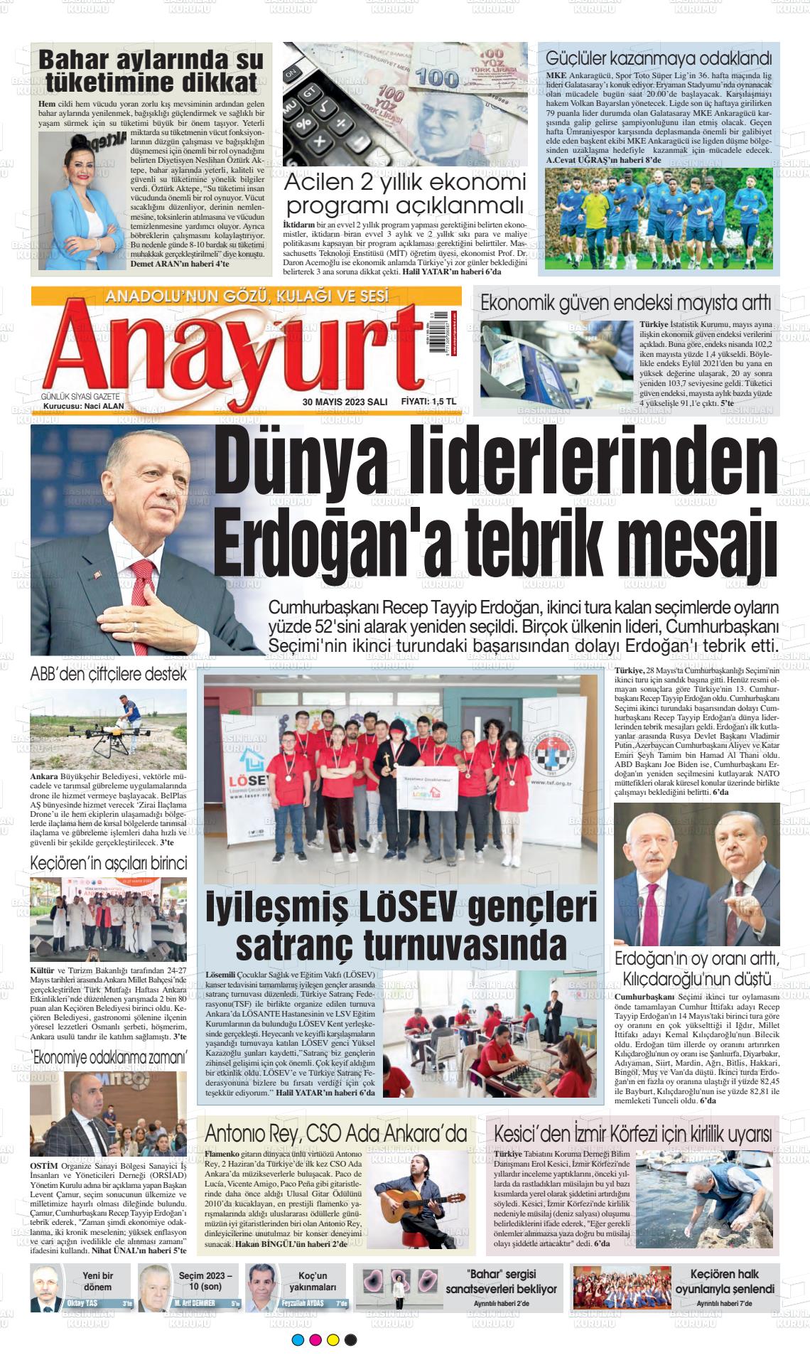 30 Mayıs 2023 Anayurt Gazete Manşeti