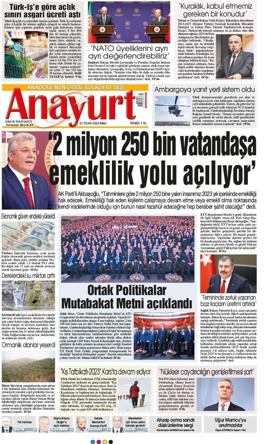 31 Ocak 2023 Anayurt Gazete Manşeti