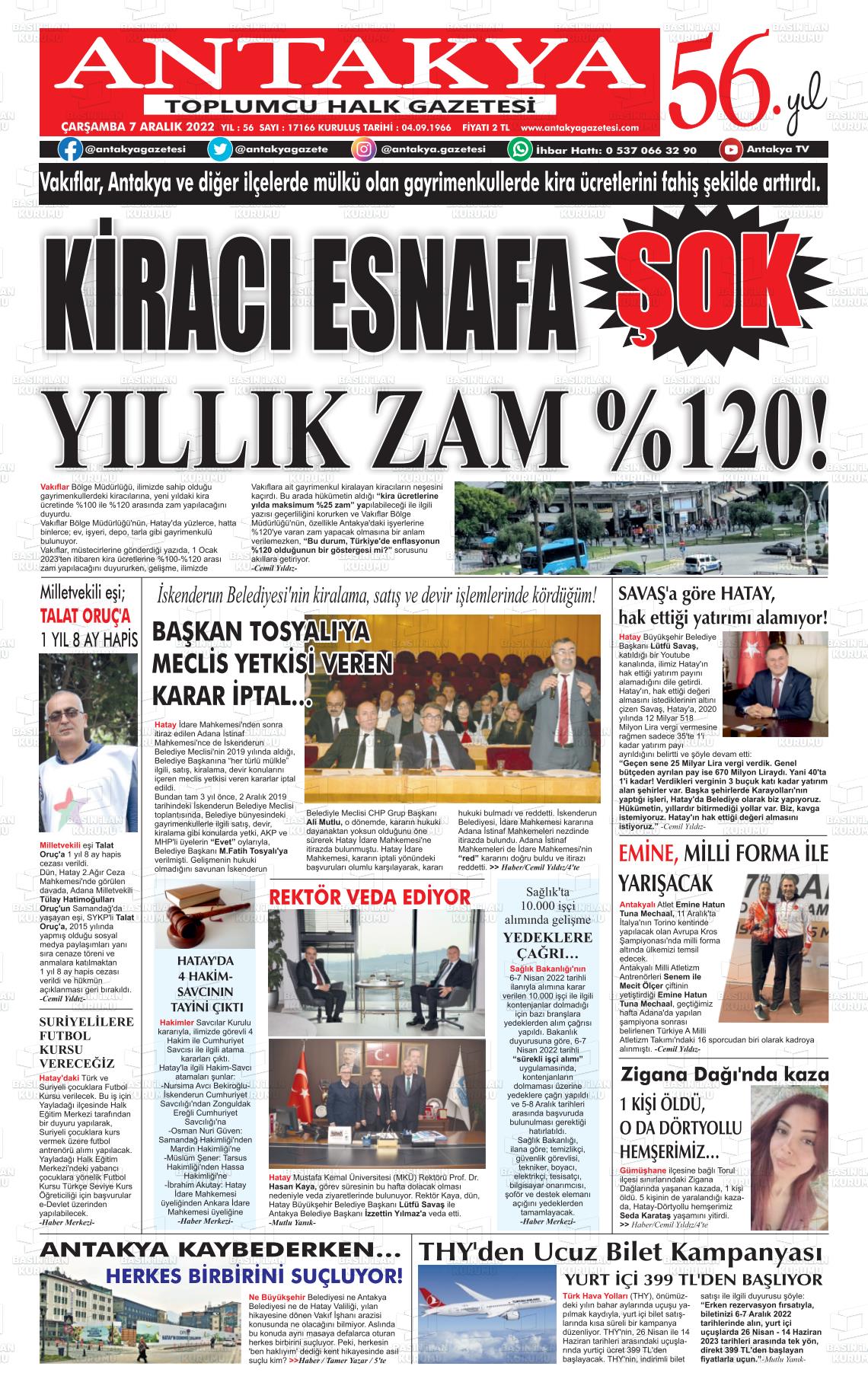07 Aralık 2022 Antakya Gazete Manşeti