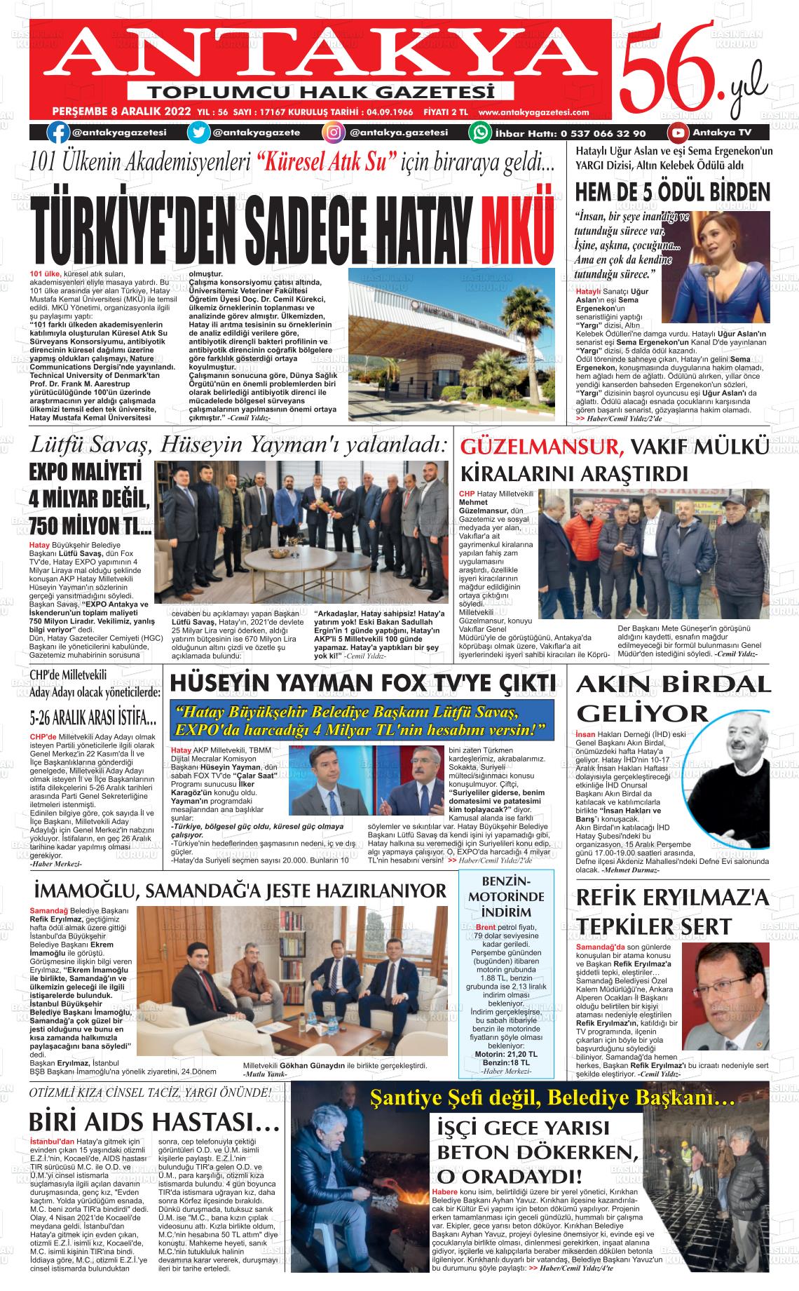 08 Aralık 2022 Antakya Gazete Manşeti
