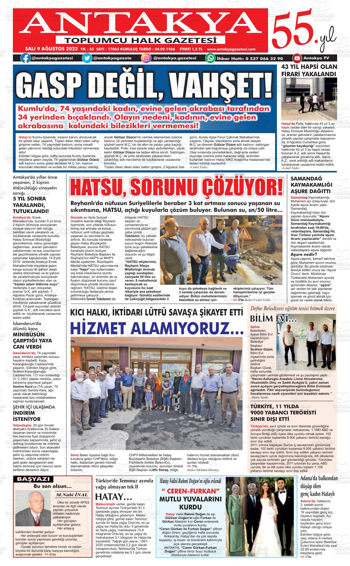 09 Ağustos 2022 Antakya Gazete Manşeti