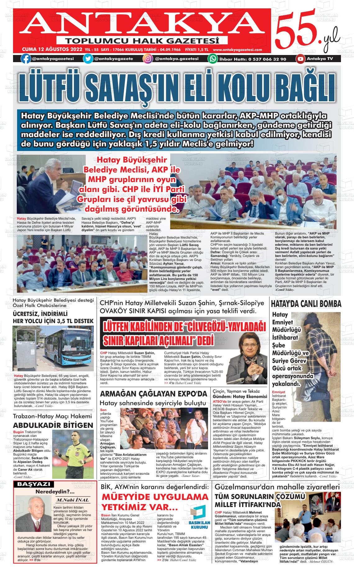 12 Ağustos 2022 Antakya Gazete Manşeti
