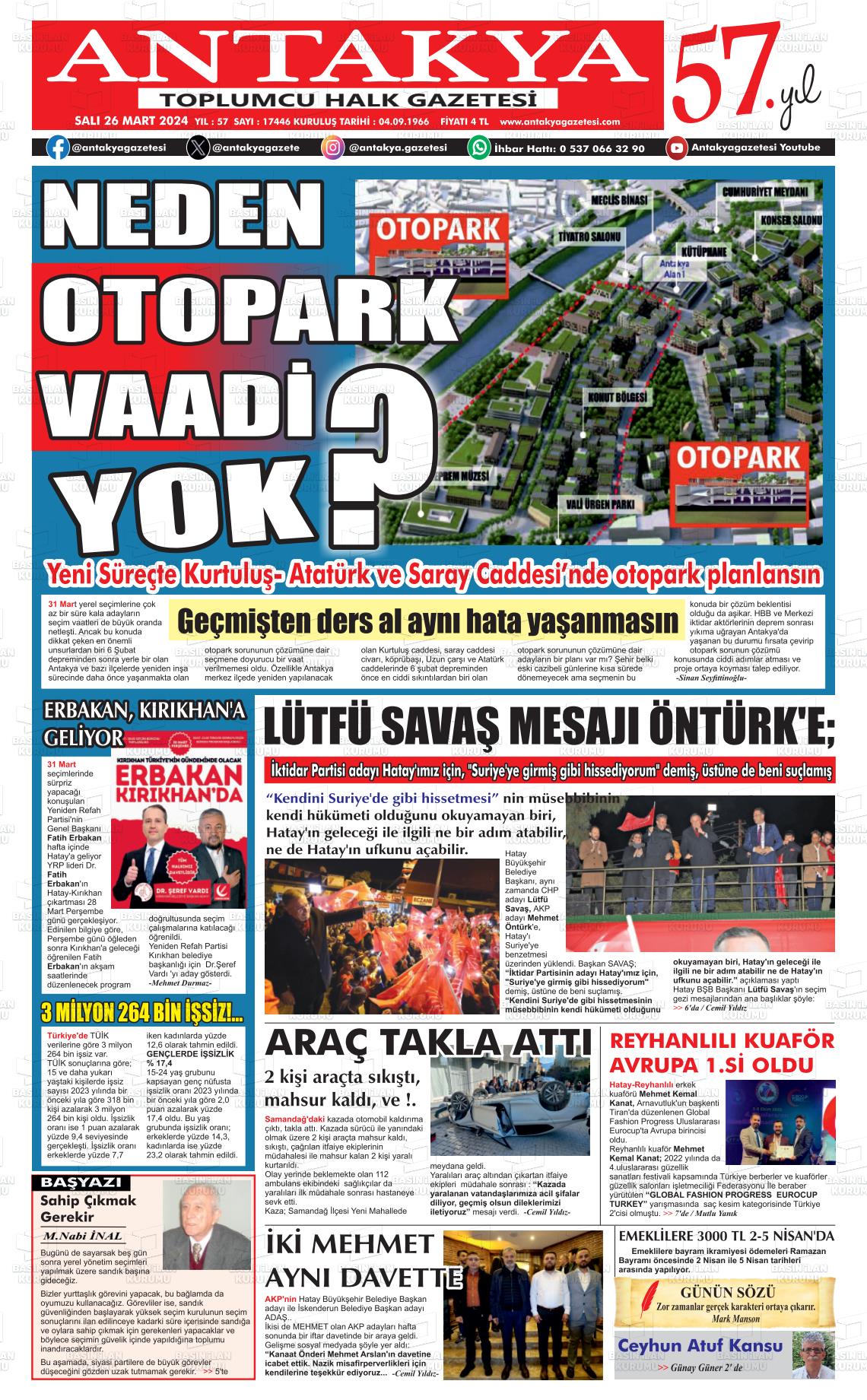 26 Mart 2024 Antakya Gazete Manşeti