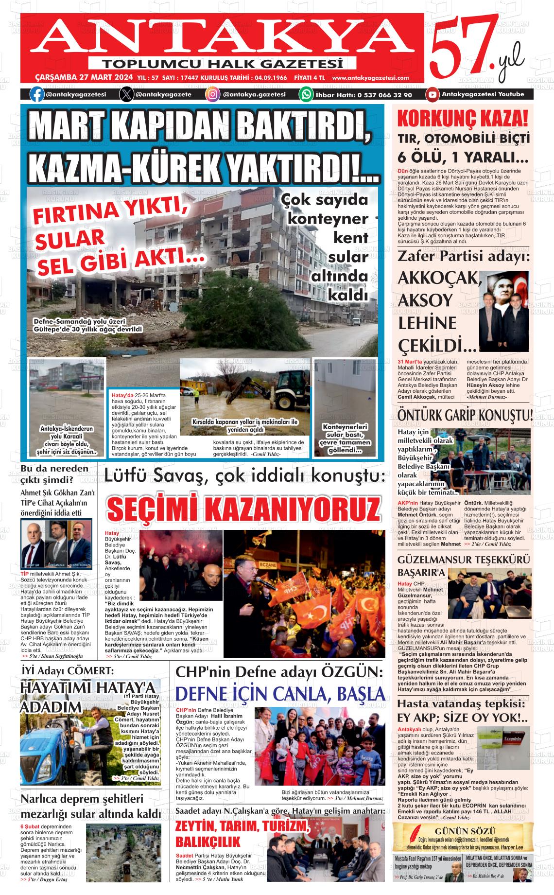 27 Mart 2024 Antakya Gazete Manşeti