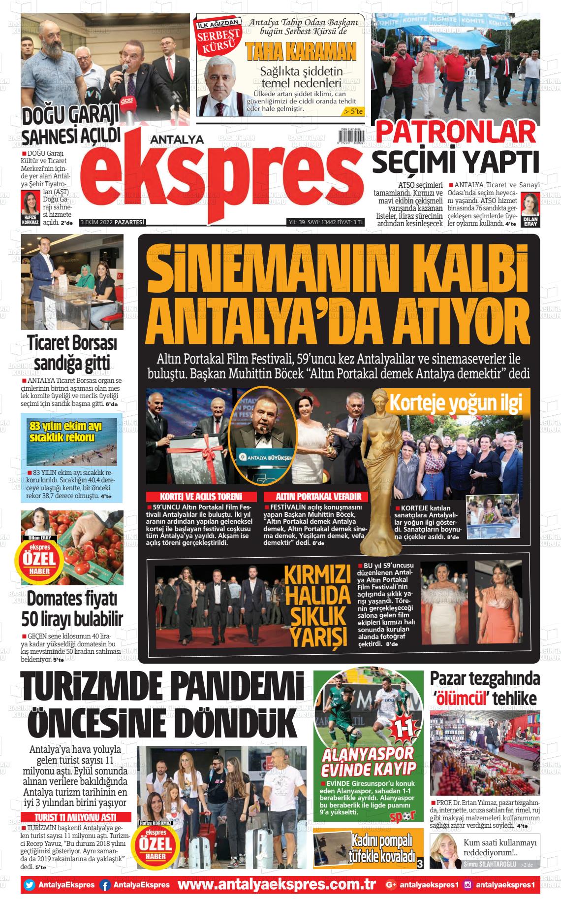 03 Ekim 2022 Antalya Ekspres Gazete Manşeti