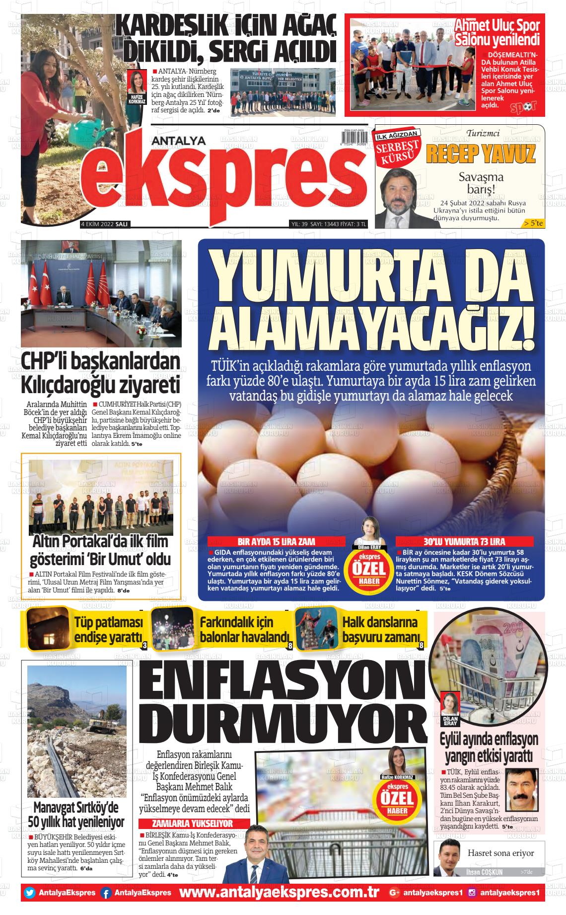 04 Ekim 2022 Antalya Ekspres Gazete Manşeti