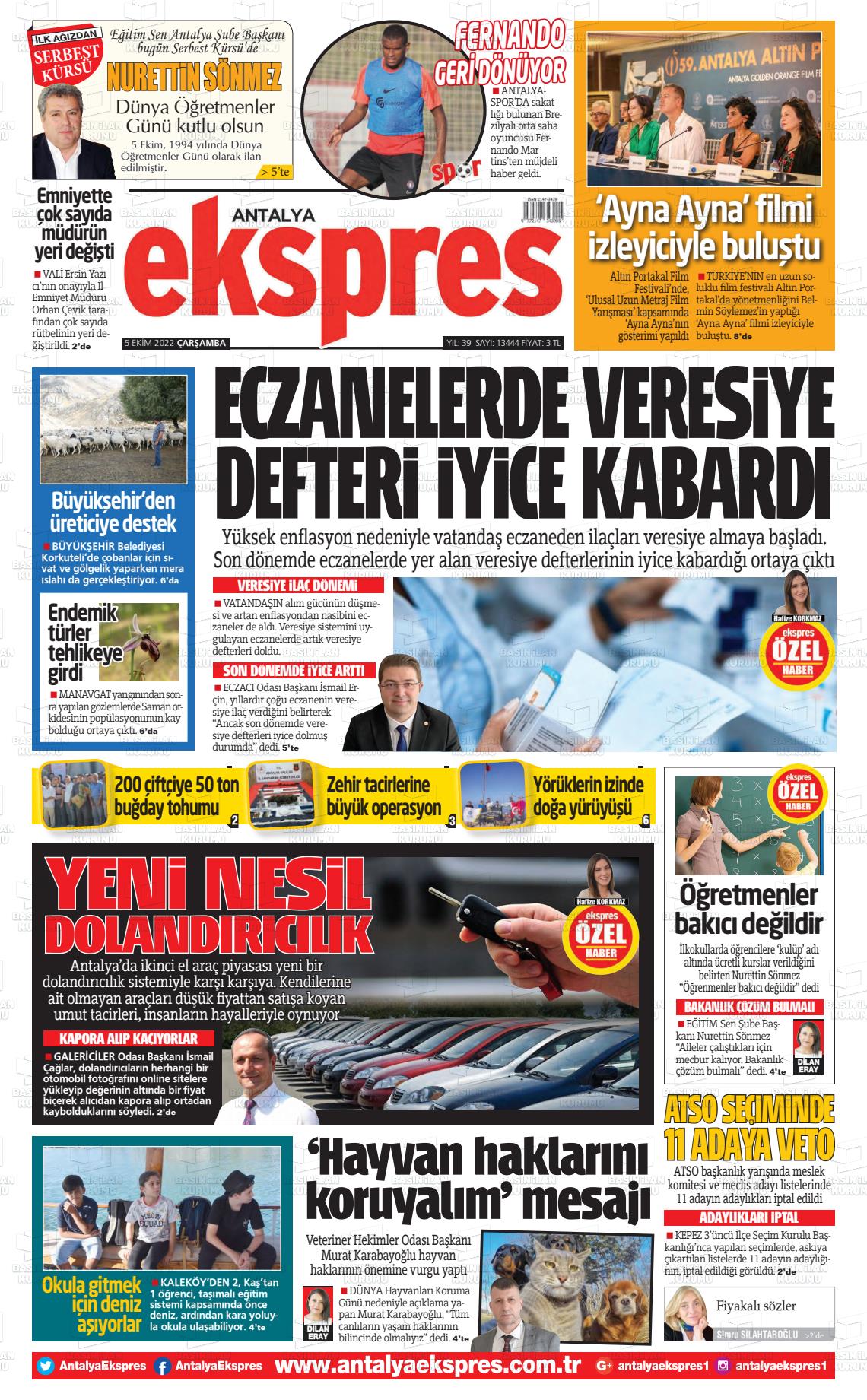 05 Ekim 2022 Antalya Ekspres Gazete Manşeti
