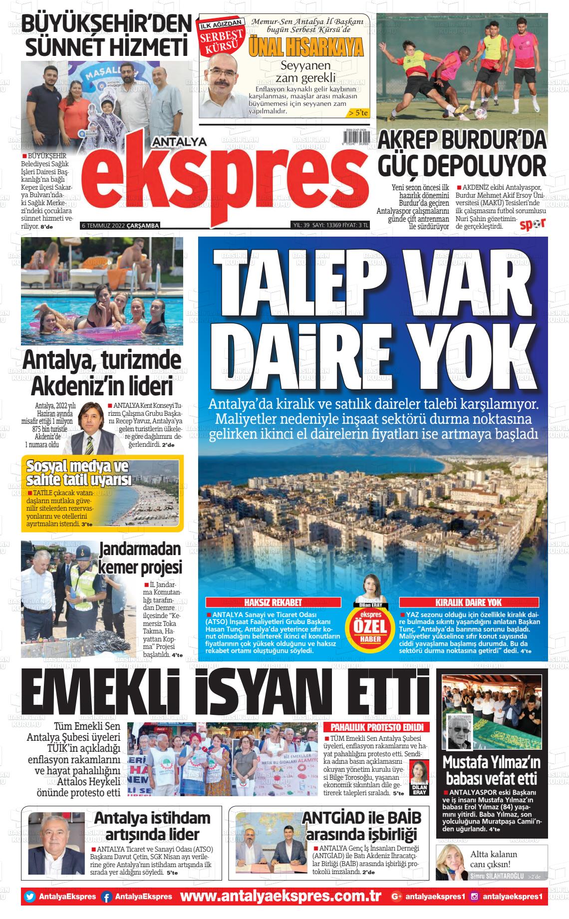 06 Temmuz 2022 Antalya Ekspres Gazete Manşeti