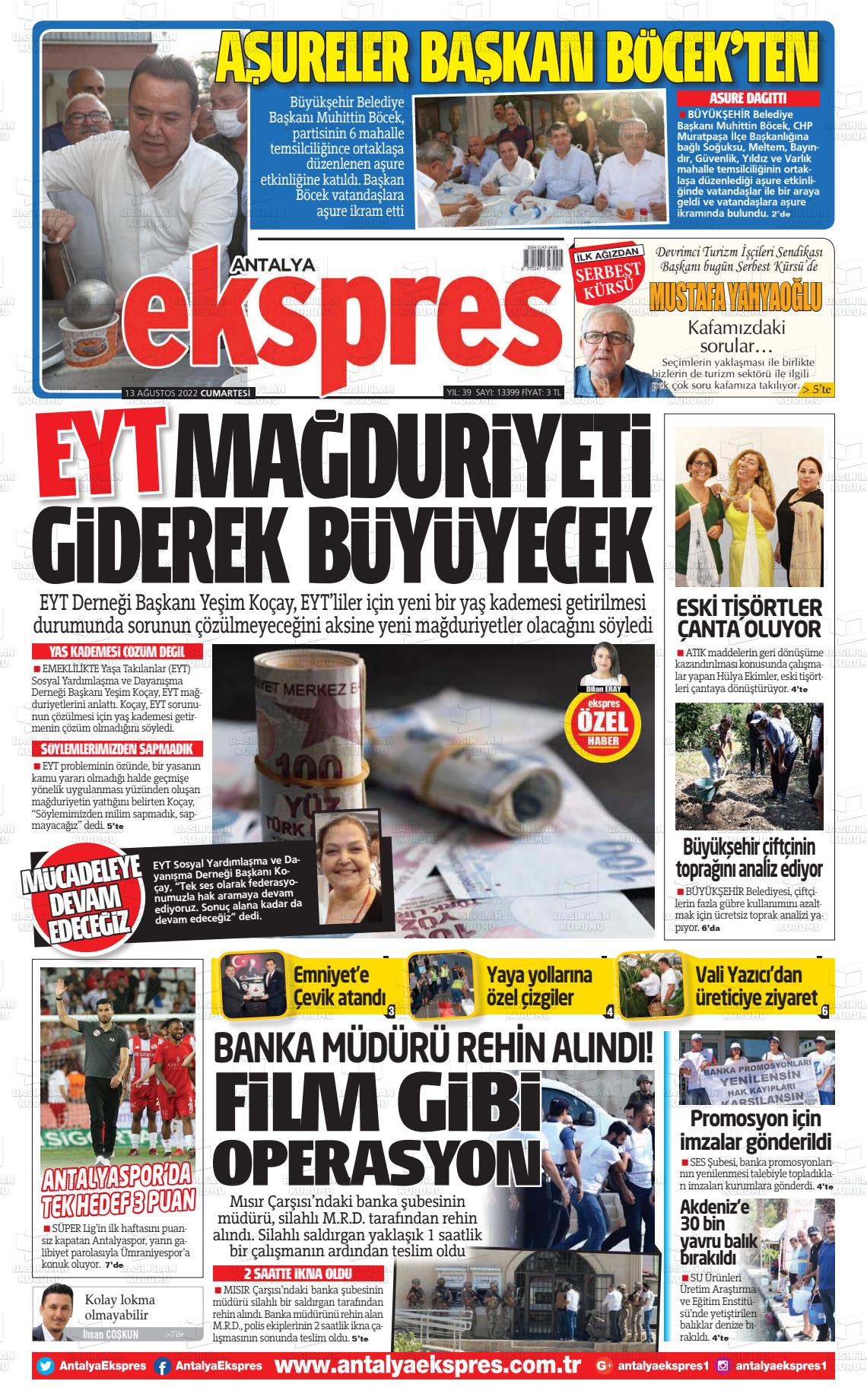 13 Ağustos 2022 Antalya Ekspres Gazete Manşeti