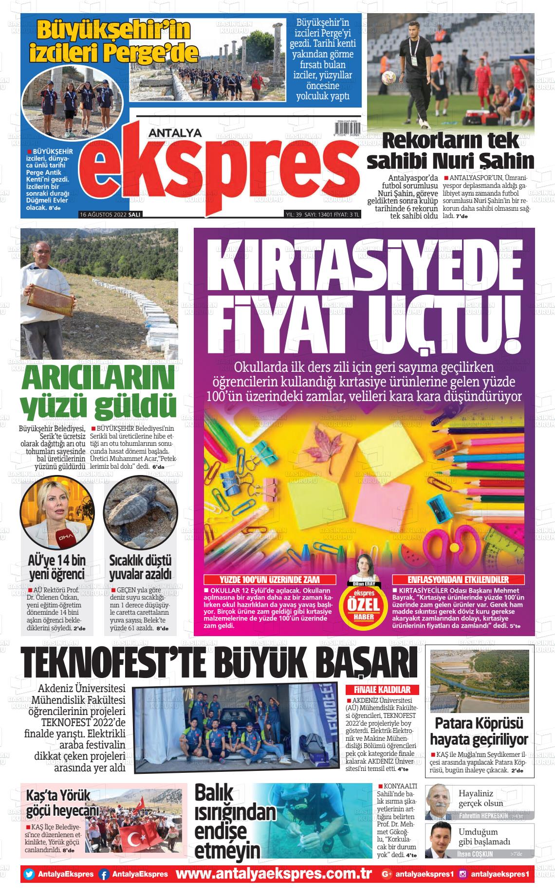 16 Ağustos 2022 Antalya Ekspres Gazete Manşeti