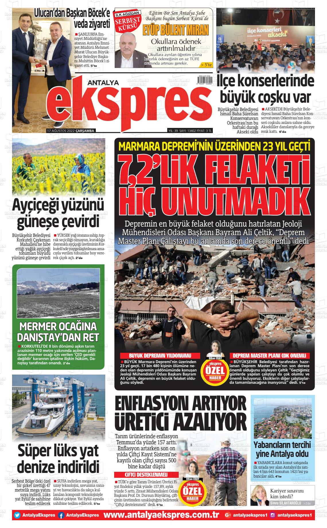 17 Ağustos 2022 Antalya Ekspres Gazete Manşeti