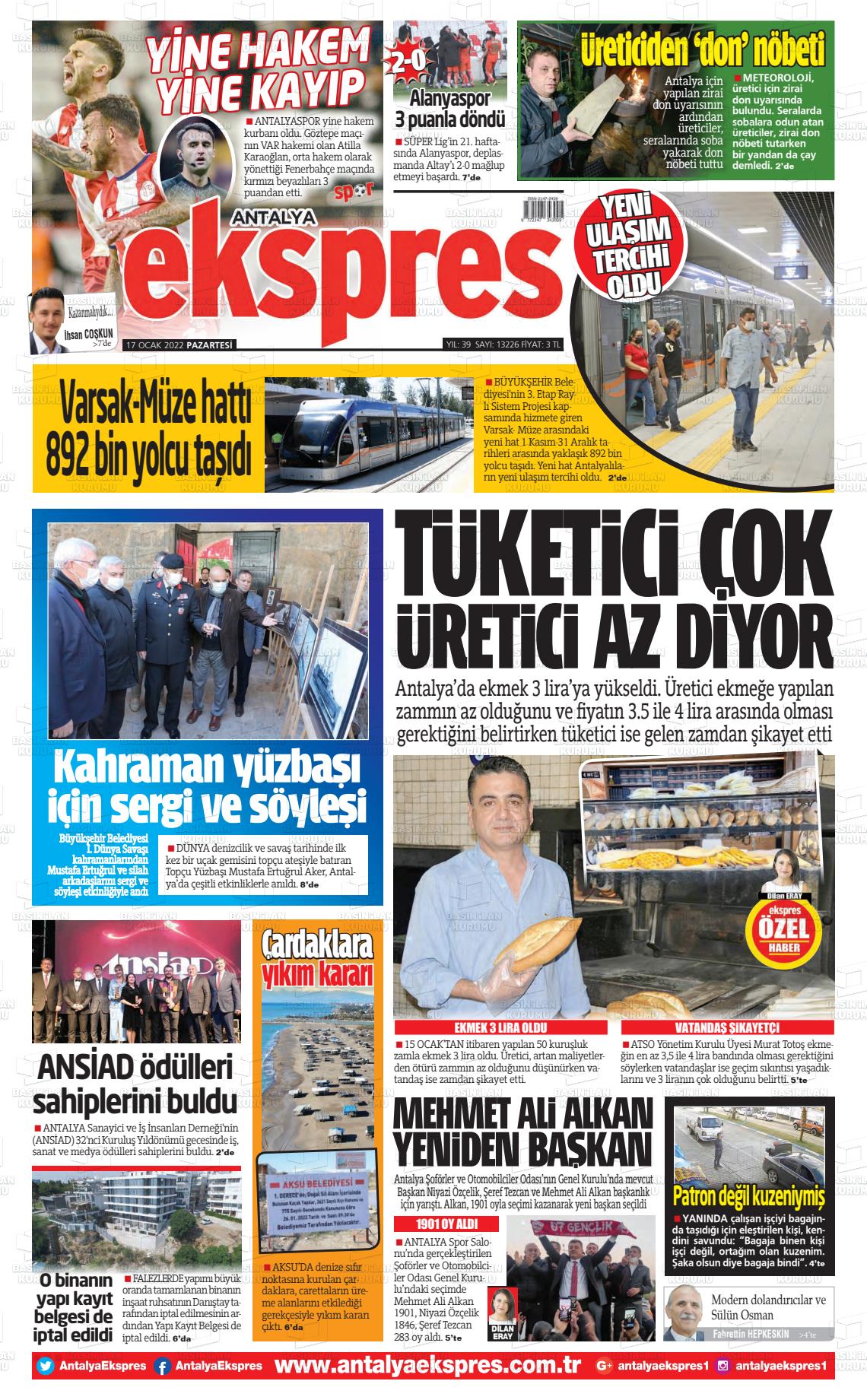 17 Ocak 2022 Antalya Ekspres Gazete Manşeti