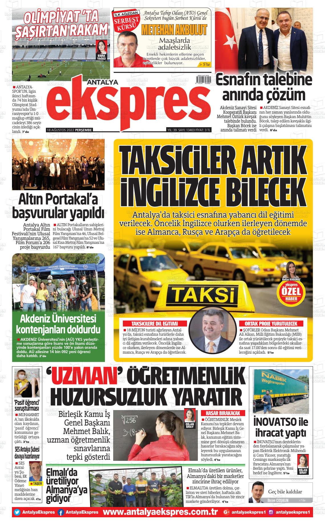 18 Ağustos 2022 Antalya Ekspres Gazete Manşeti