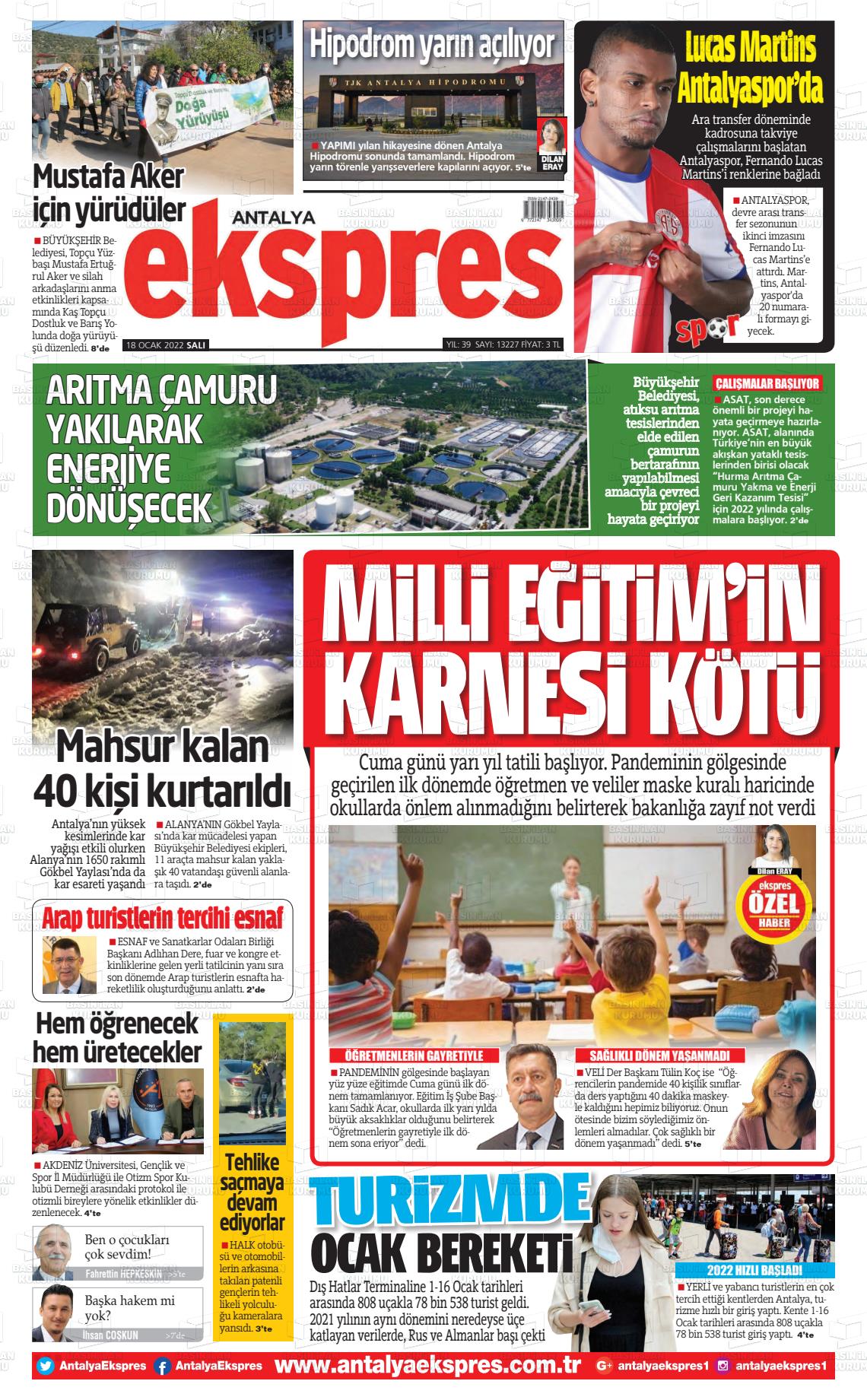 18 Ocak 2022 Antalya Ekspres Gazete Manşeti