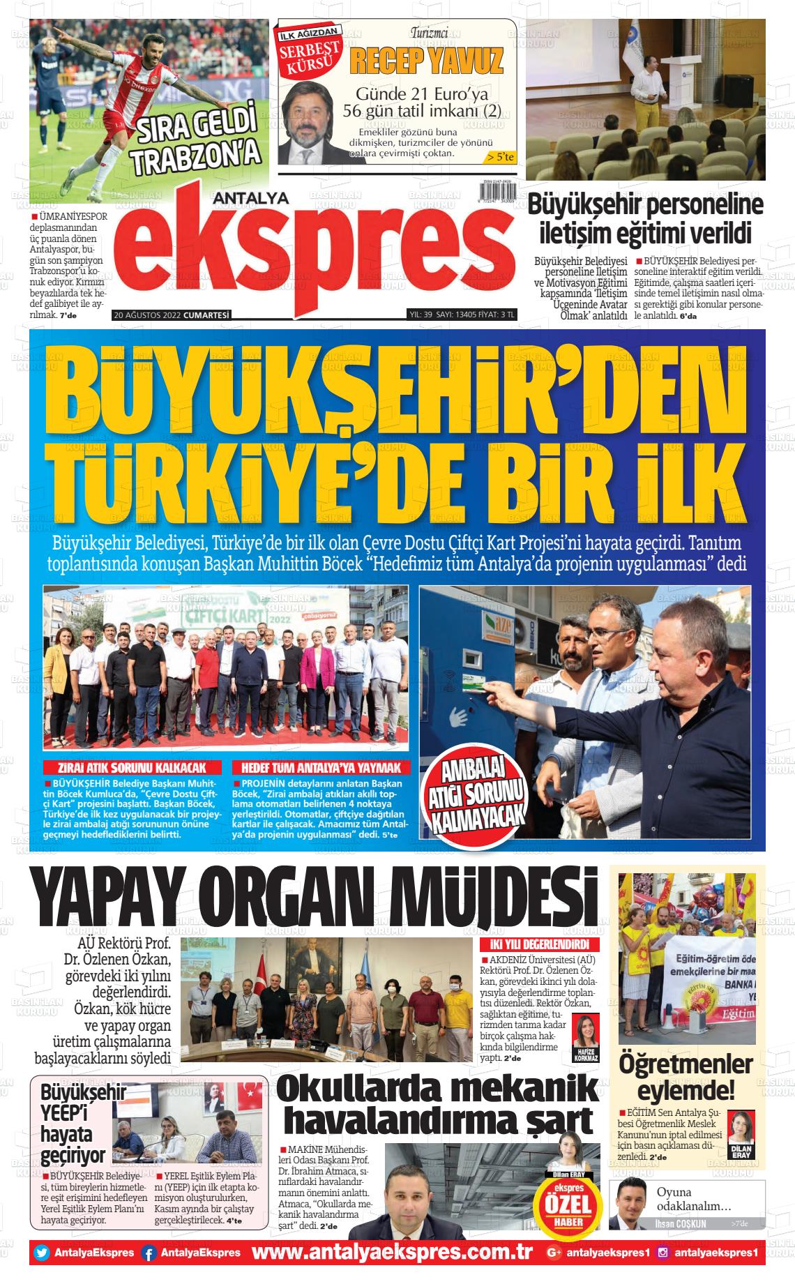 20 Ağustos 2022 Antalya Ekspres Gazete Manşeti