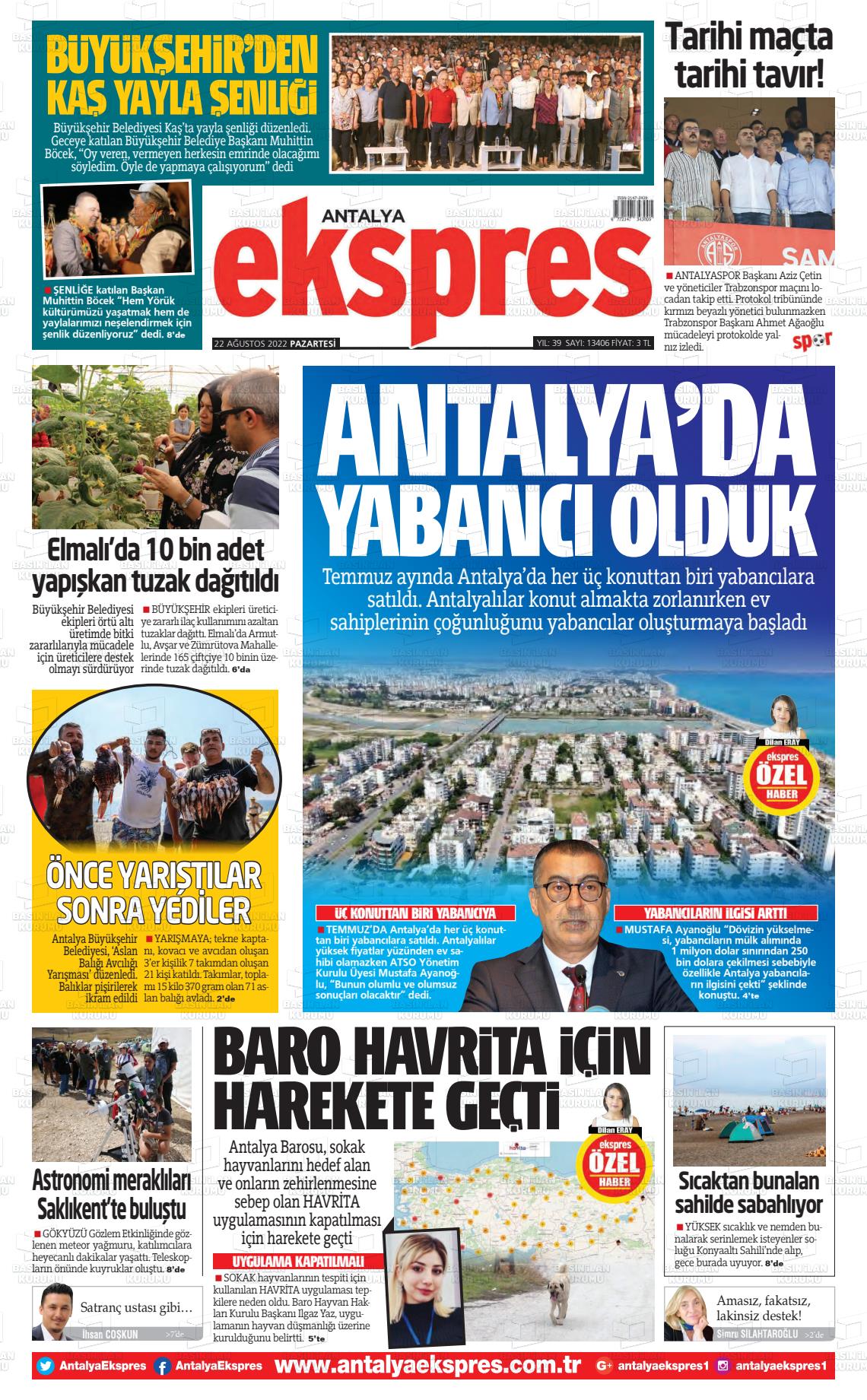 22 Ağustos 2022 Antalya Ekspres Gazete Manşeti