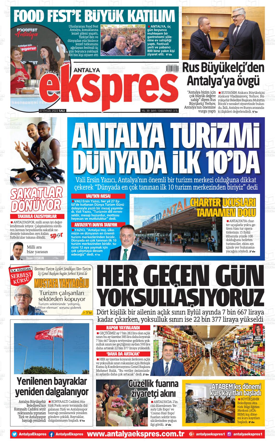 27 Eylül 2022 Antalya Ekspres Gazete Manşeti