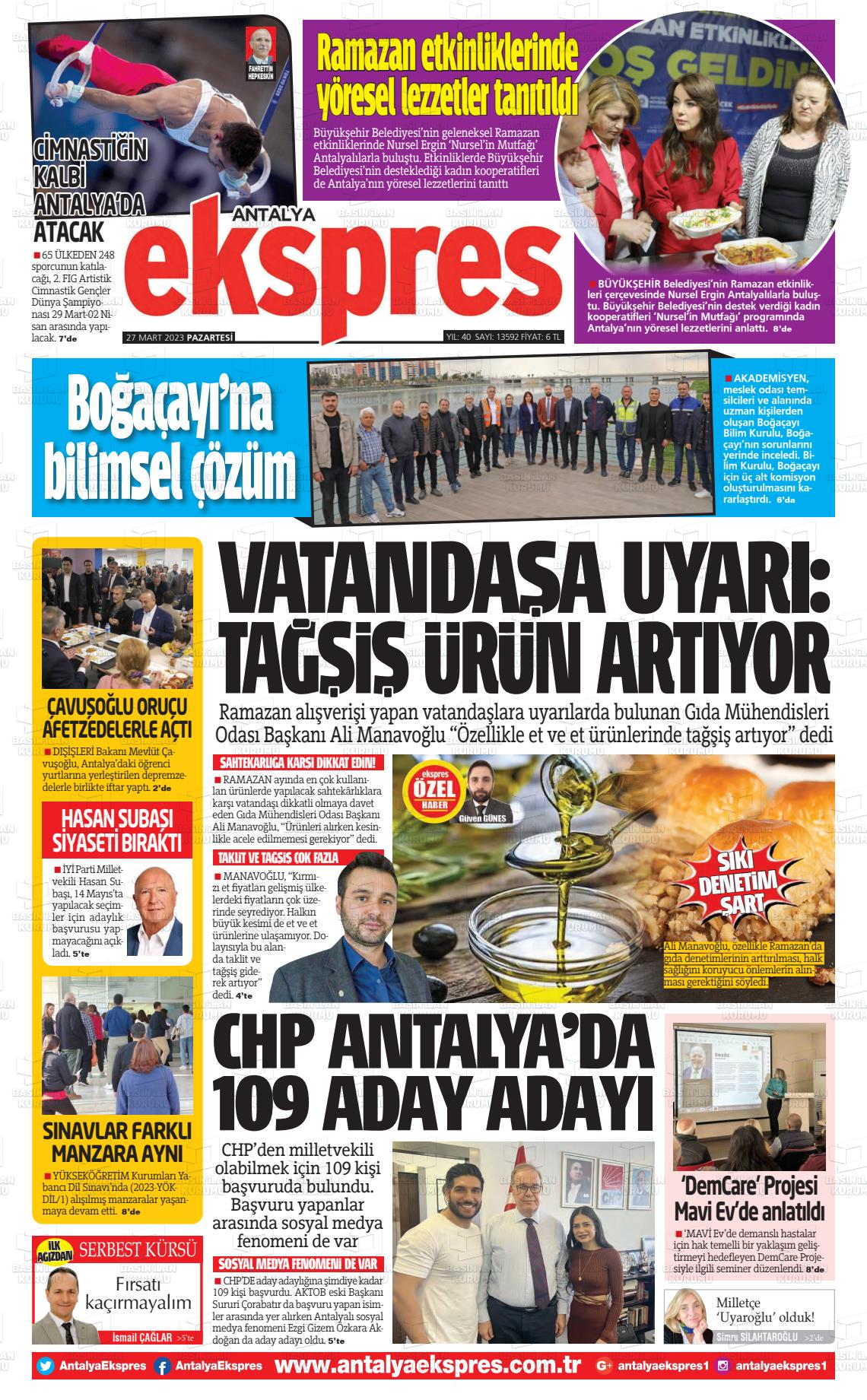27 Mart 2023 Antalya Ekspres Gazete Manşeti