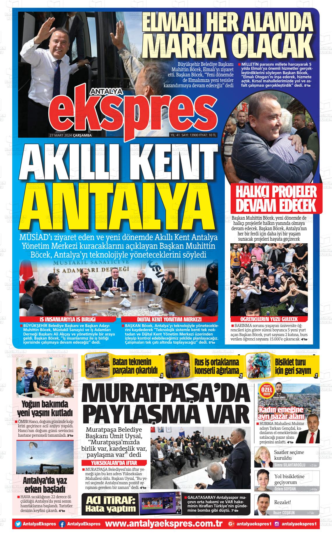 27 Mart 2024 Antalya Ekspres Gazete Manşeti