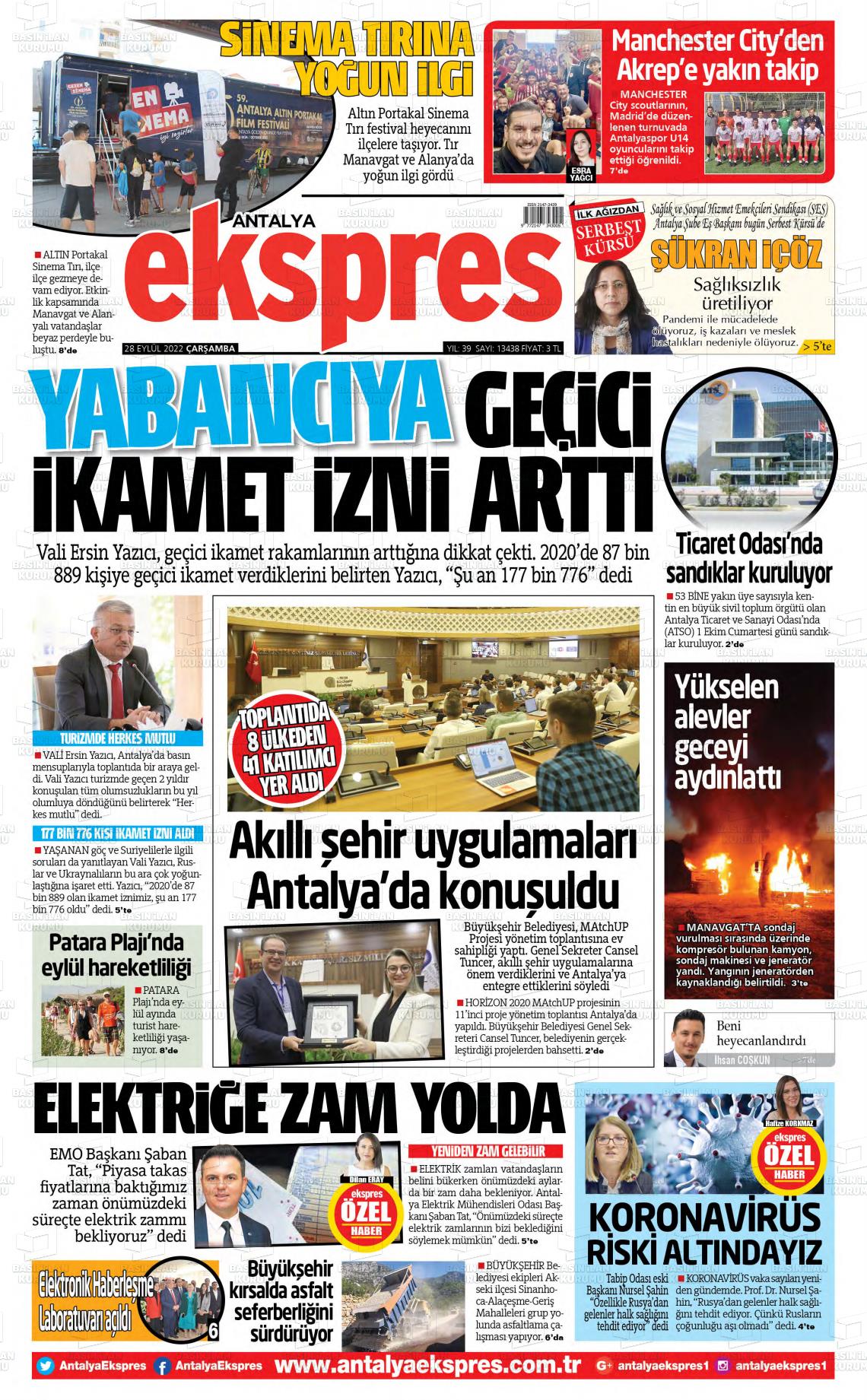 28 Eylül 2022 Antalya Ekspres Gazete Manşeti