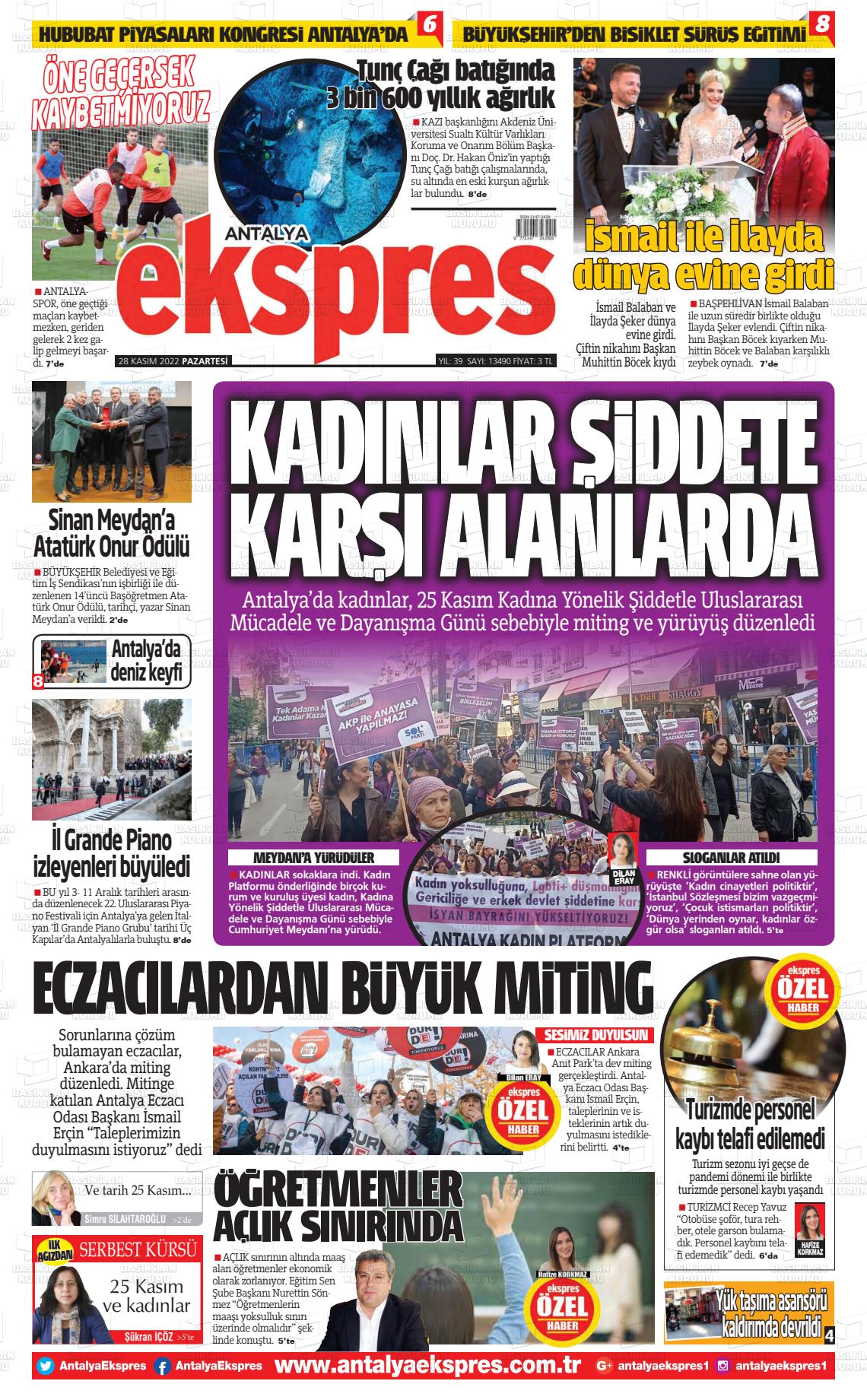 28 Kasım 2022 Antalya Ekspres Gazete Manşeti