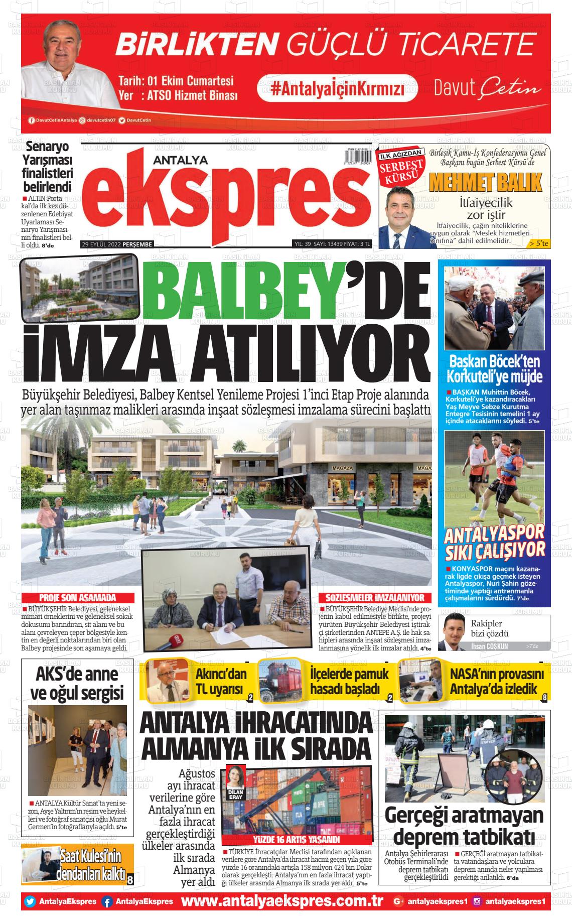 29 Eylül 2022 Antalya Ekspres Gazete Manşeti