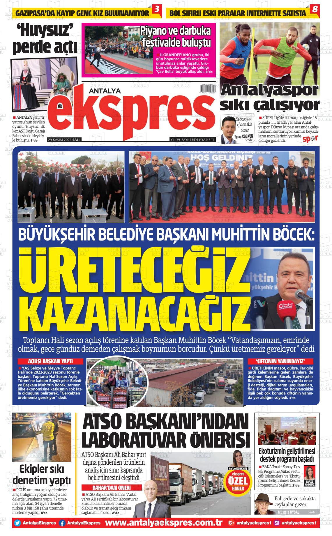 29 Kasım 2022 Antalya Ekspres Gazete Manşeti