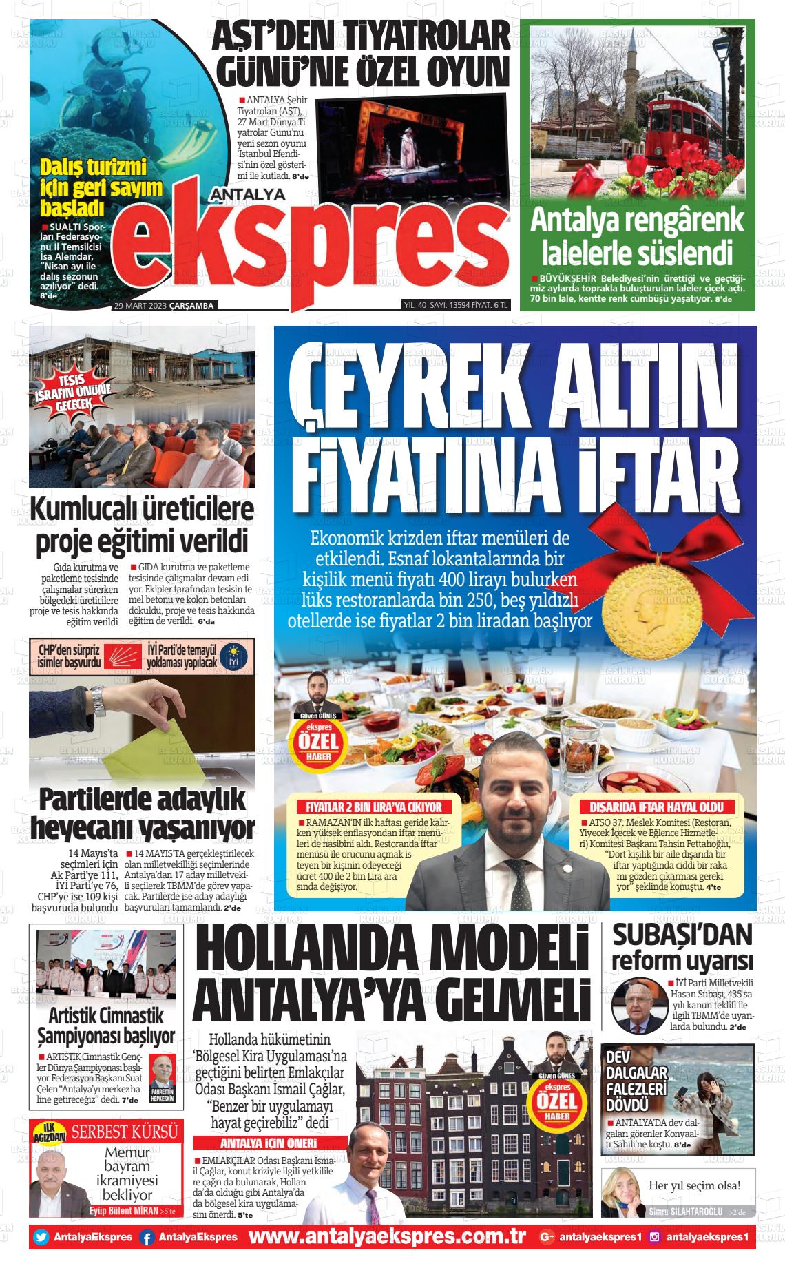 29 Mart 2023 Antalya Ekspres Gazete Manşeti