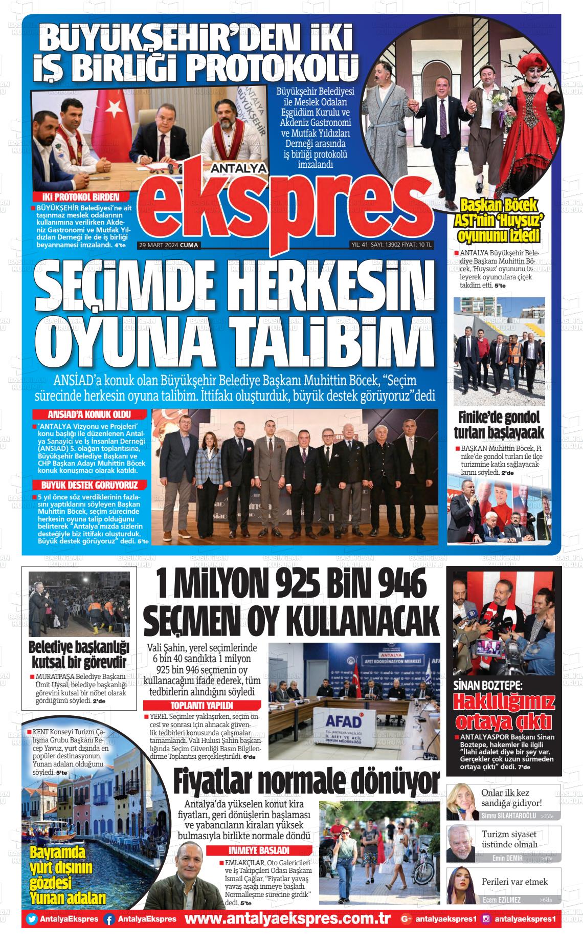 29 Mart 2024 Antalya Ekspres Gazete Manşeti