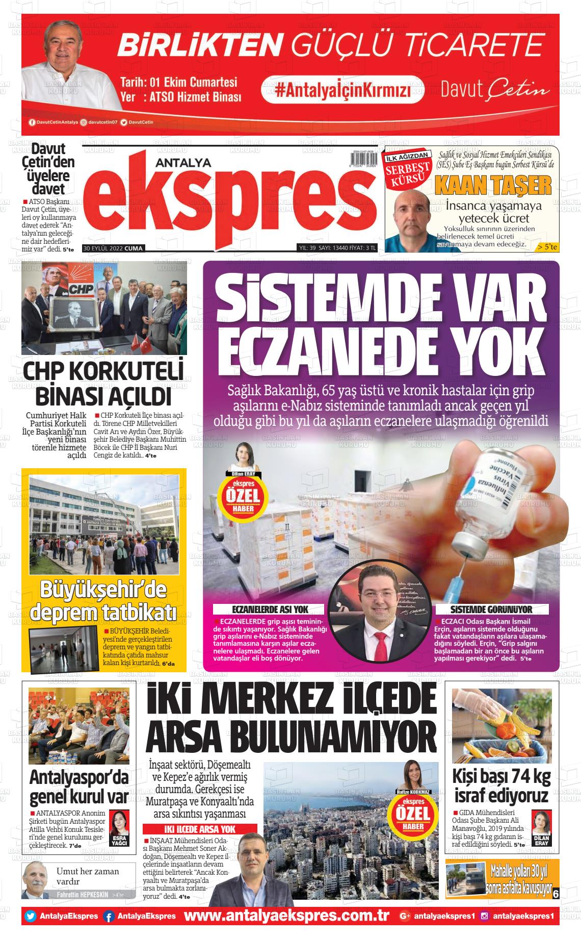 30 Eylül 2022 Antalya Ekspres Gazete Manşeti