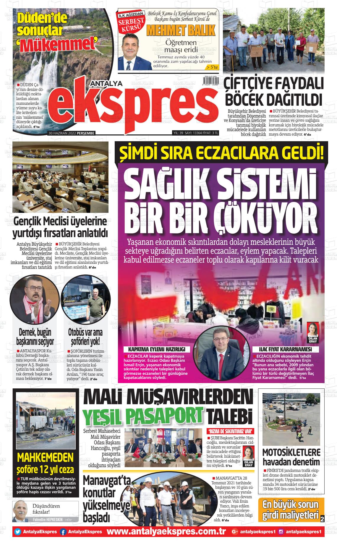30 Haziran 2022 Antalya Ekspres Gazete Manşeti