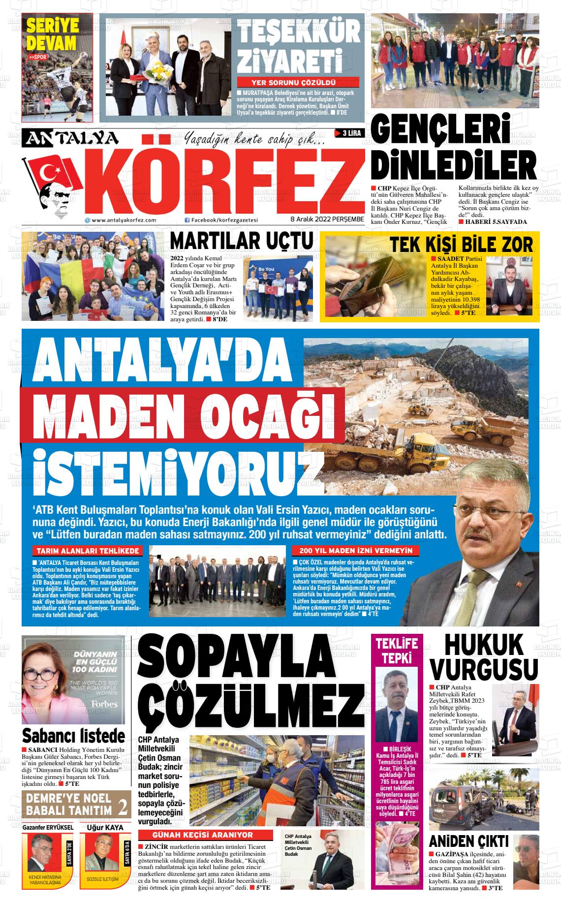 08 Aralık 2022 Antalya Körfez Gazete Manşeti