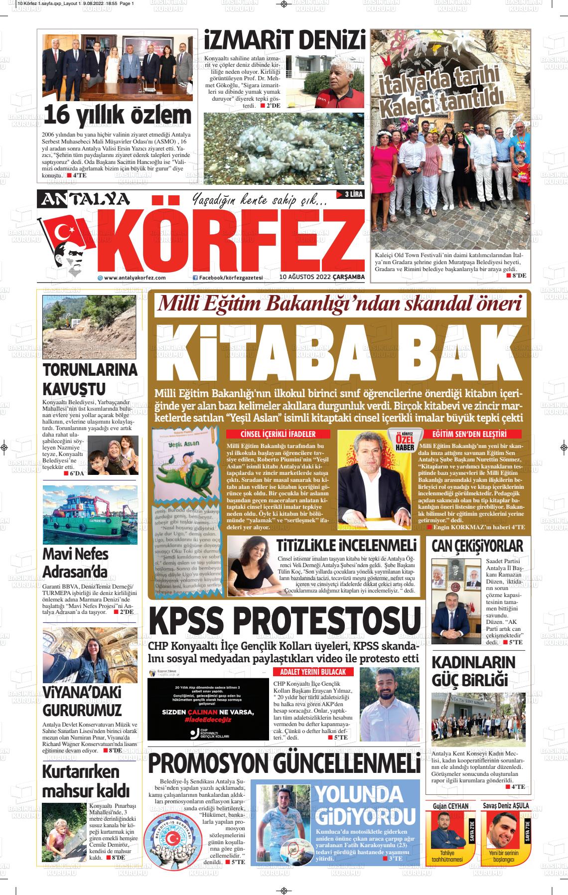 10 Ağustos 2022 Antalya Körfez Gazete Manşeti