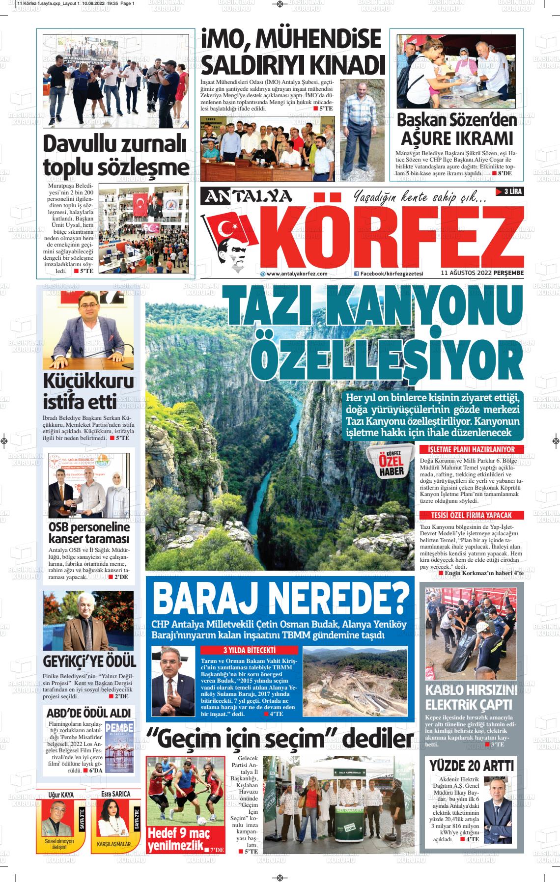 11 Ağustos 2022 Antalya Körfez Gazete Manşeti