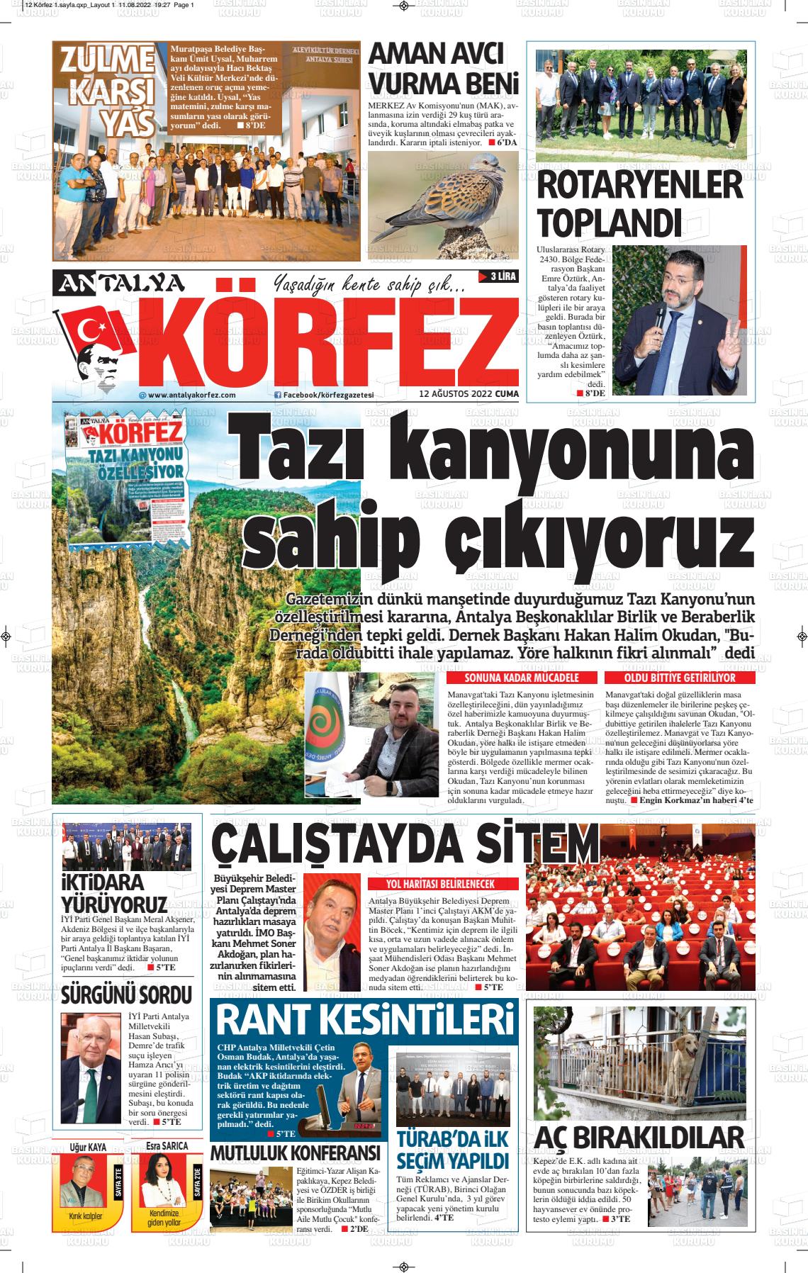 12 Ağustos 2022 Antalya Körfez Gazete Manşeti