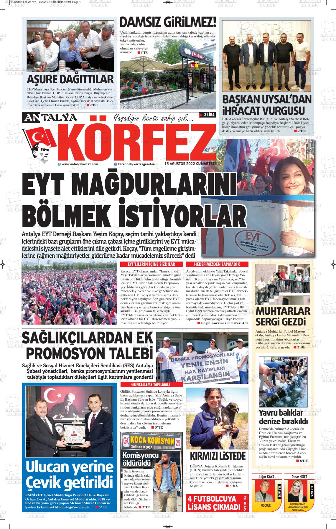 13 Ağustos 2022 Antalya Körfez Gazete Manşeti