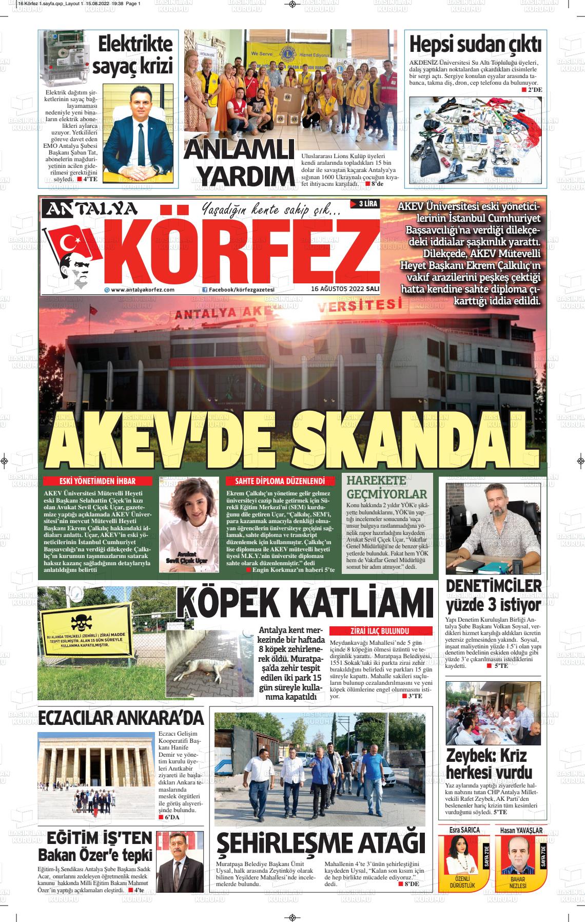 16 Ağustos 2022 Antalya Körfez Gazete Manşeti