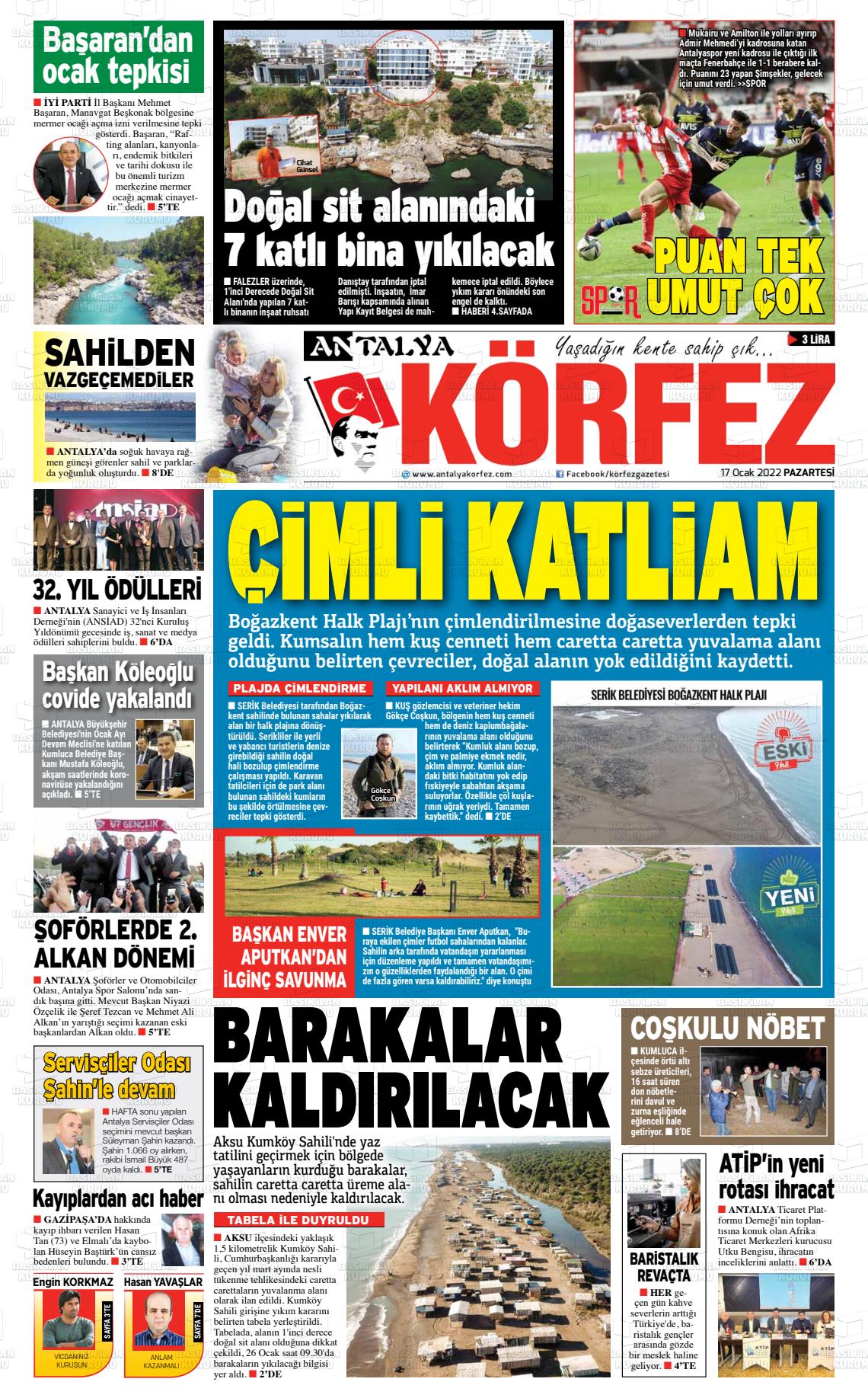 17 Ocak 2022 Antalya Körfez Gazete Manşeti
