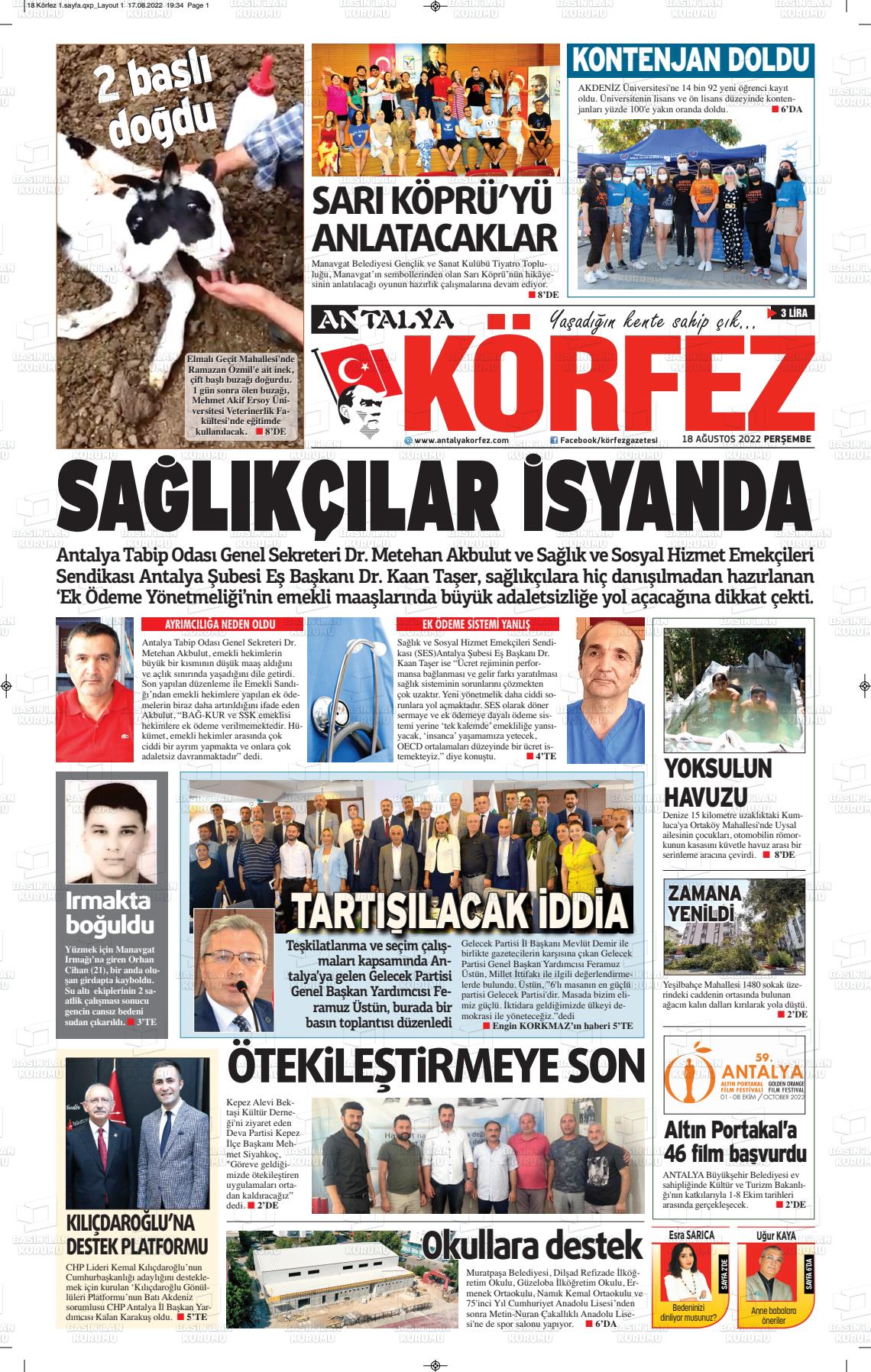 18 Ağustos 2022 Antalya Körfez Gazete Manşeti