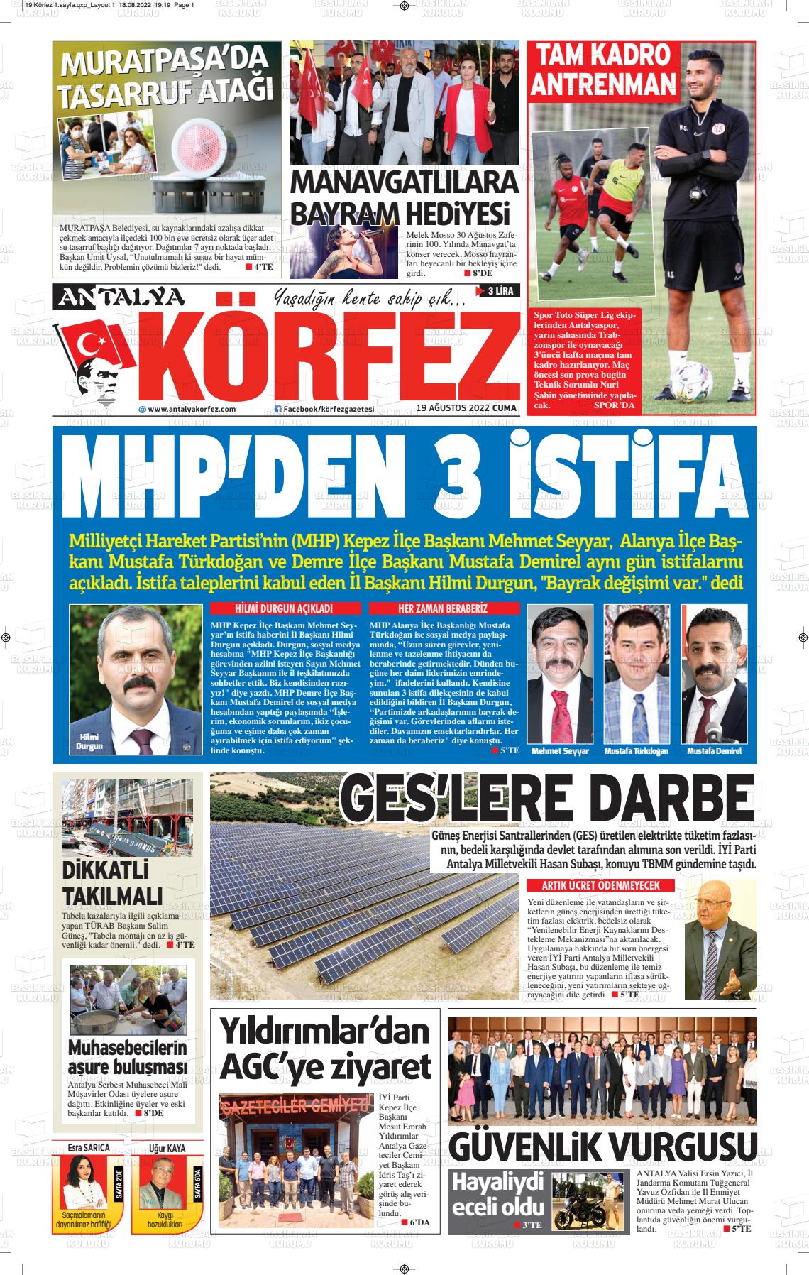 19 Ağustos 2022 Antalya Körfez Gazete Manşeti